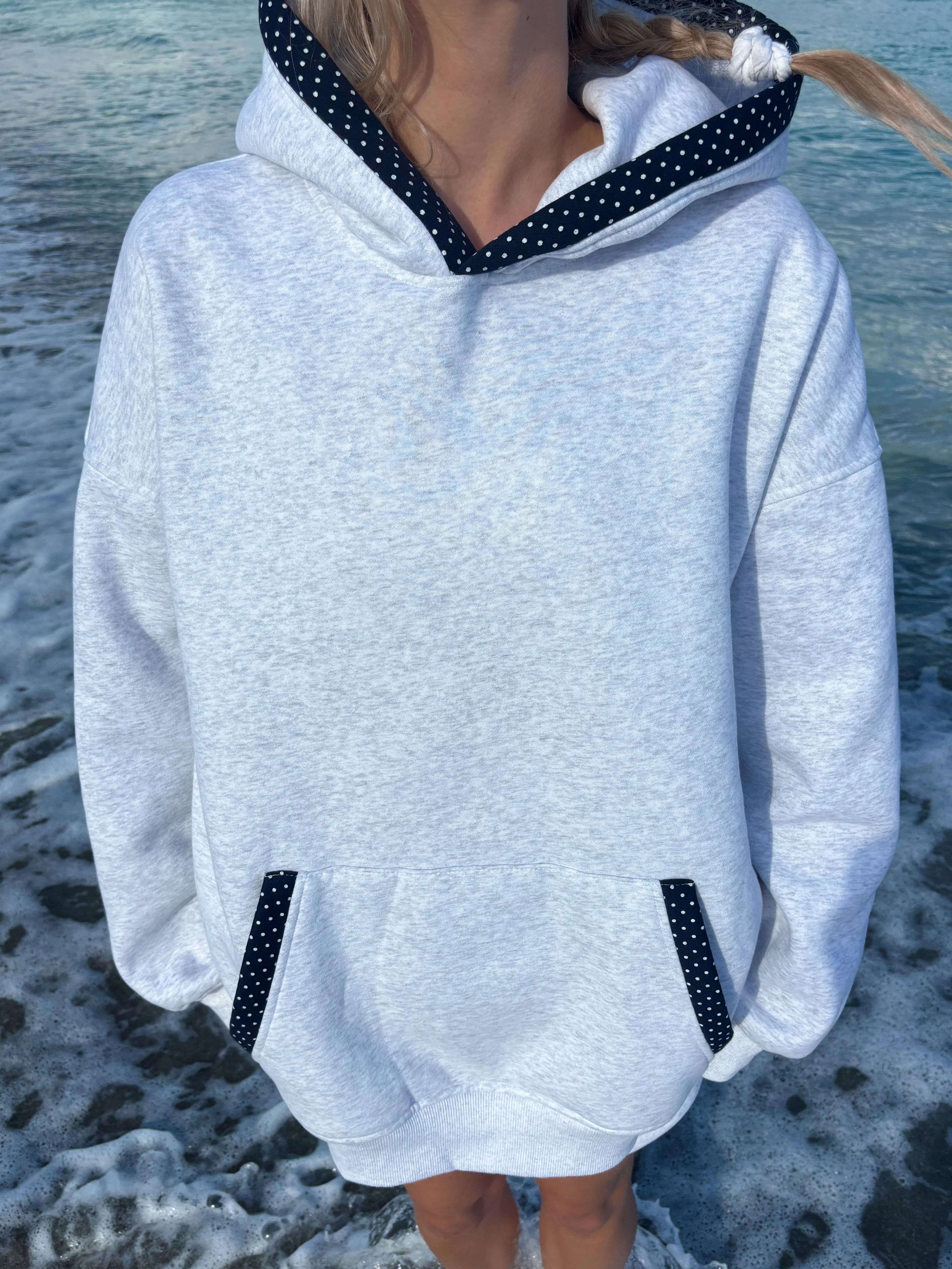 Pearl Grey Navy Blue Polka Dot Hoodie - Image 25
