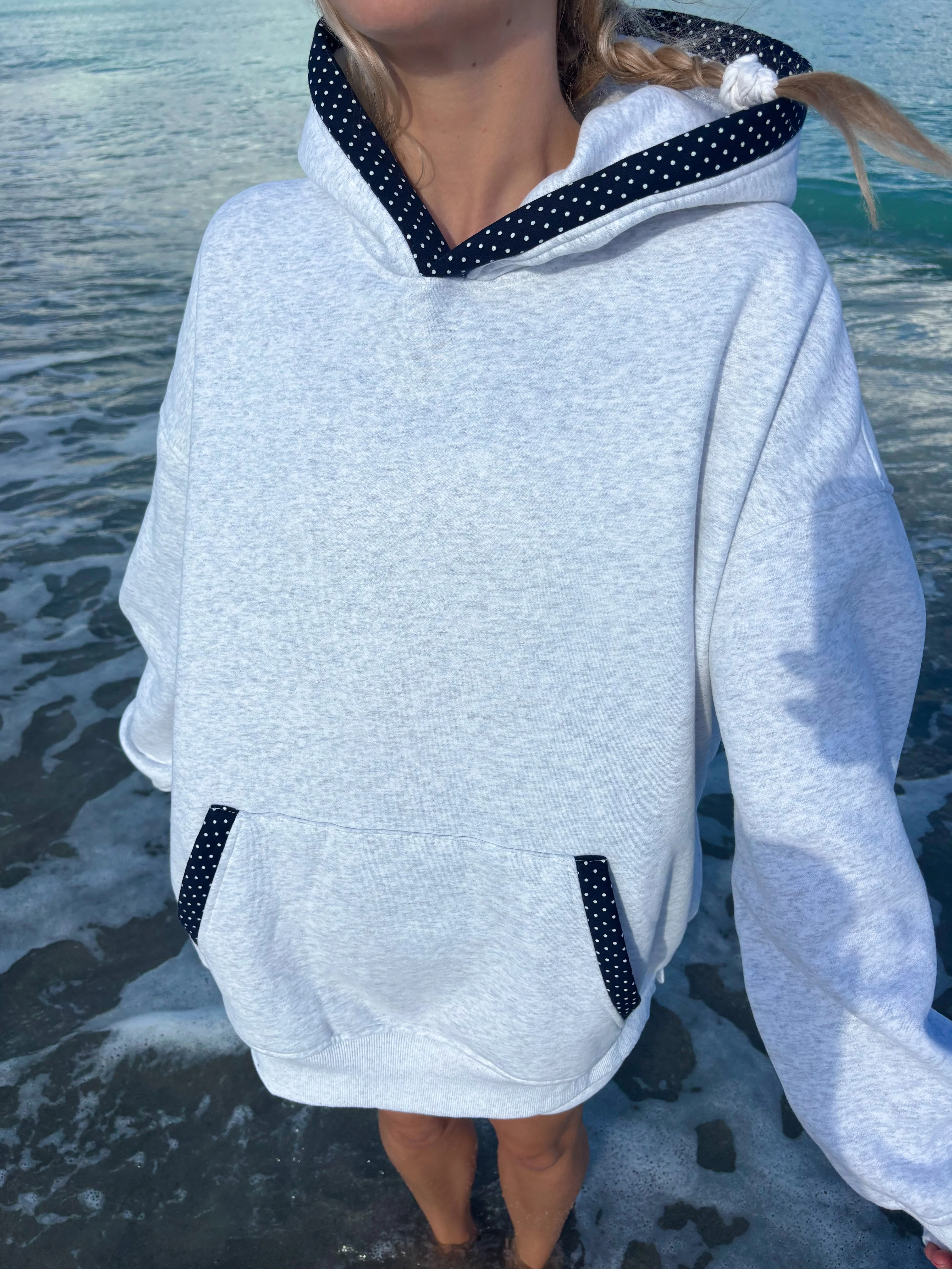 Pearl Grey Navy Blue Polka Dot Hoodie - Image 26