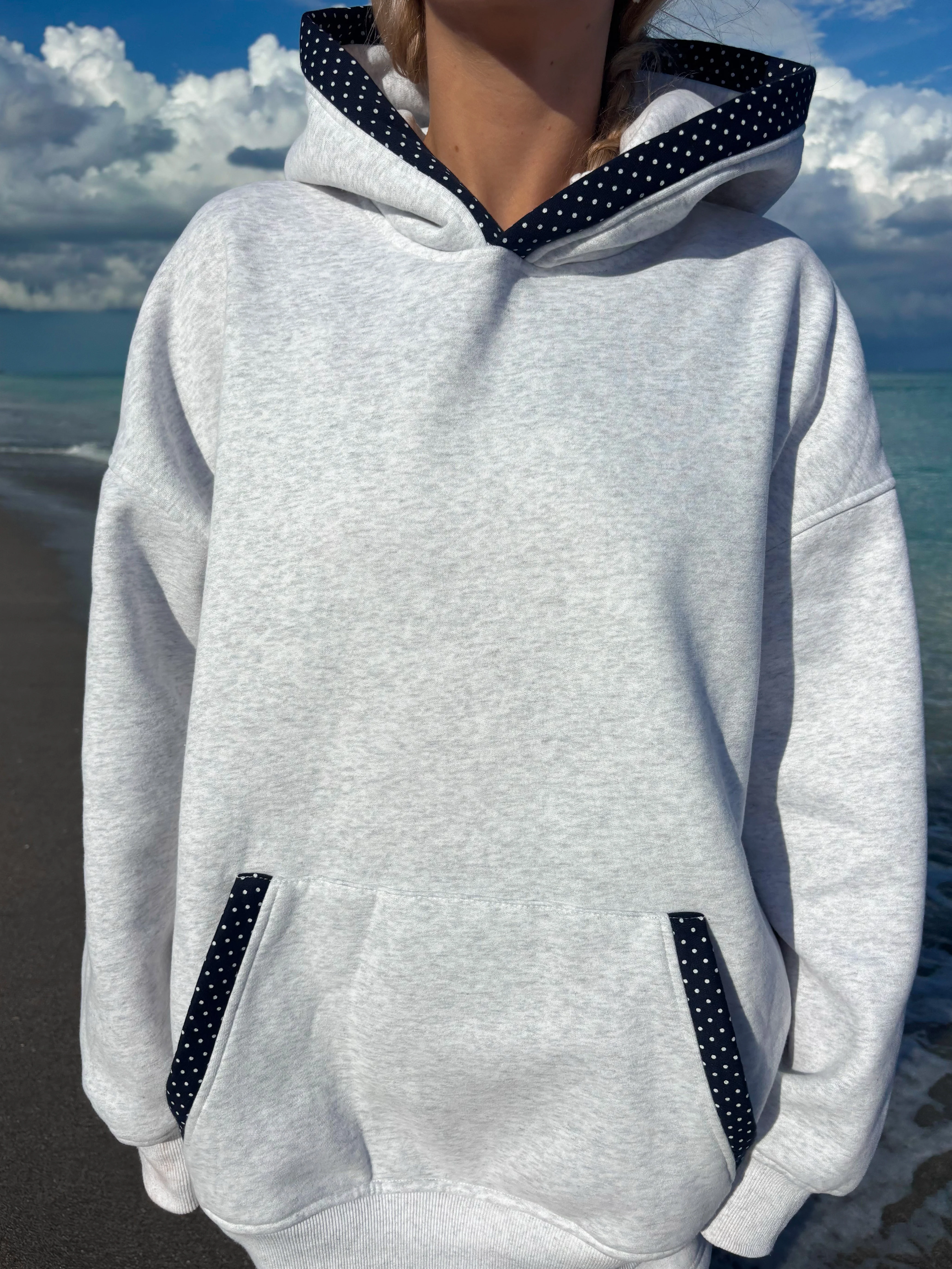 Pearl Grey Navy Blue Polka Dot Hoodie - Image 3