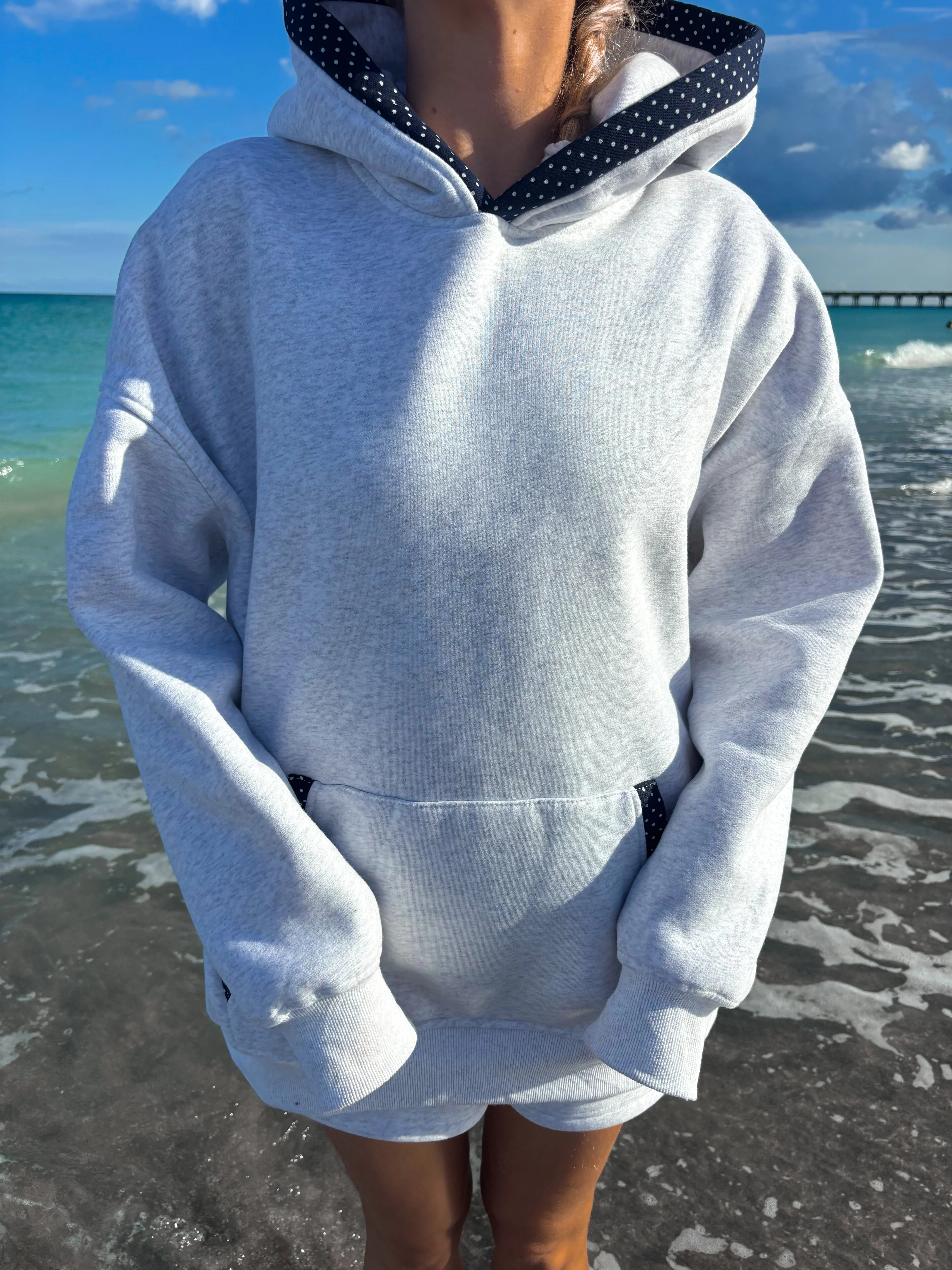 Pearl Grey Navy Blue Polka Dot Hoodie - Image 4
