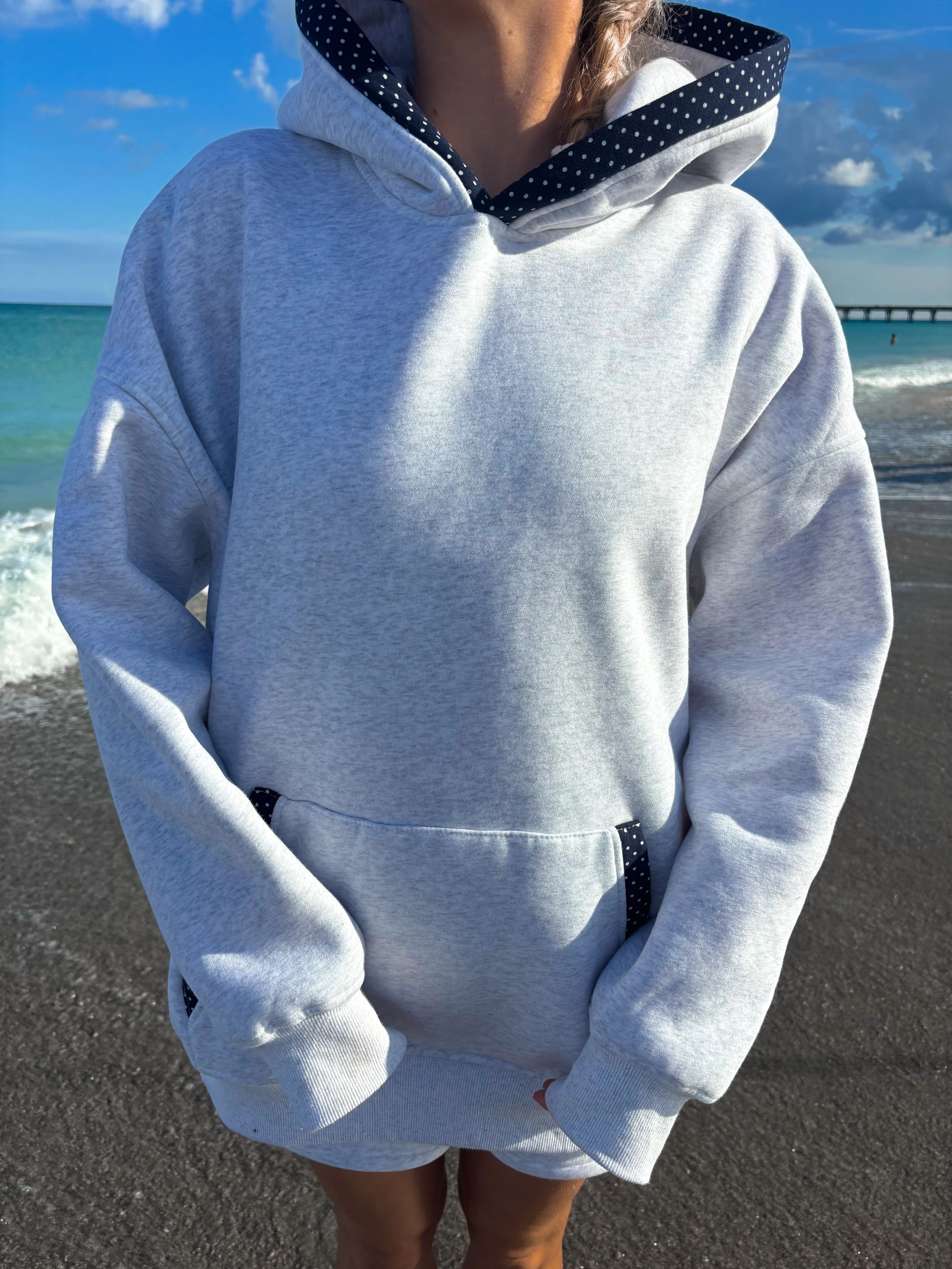Pearl Grey Navy Blue Polka Dot Hoodie - Image 5