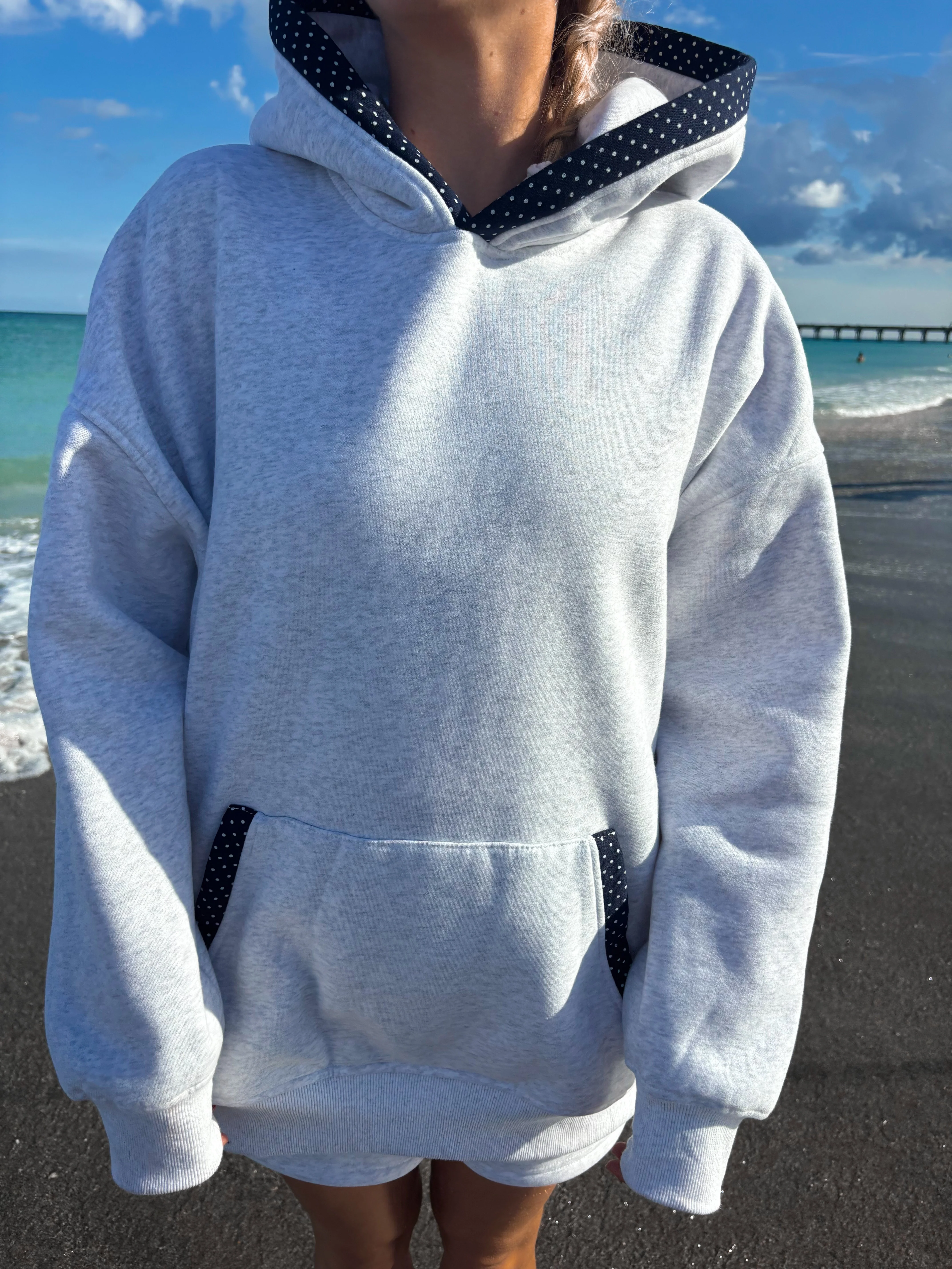 Pearl Grey Navy Blue Polka Dot Hoodie - Image 6