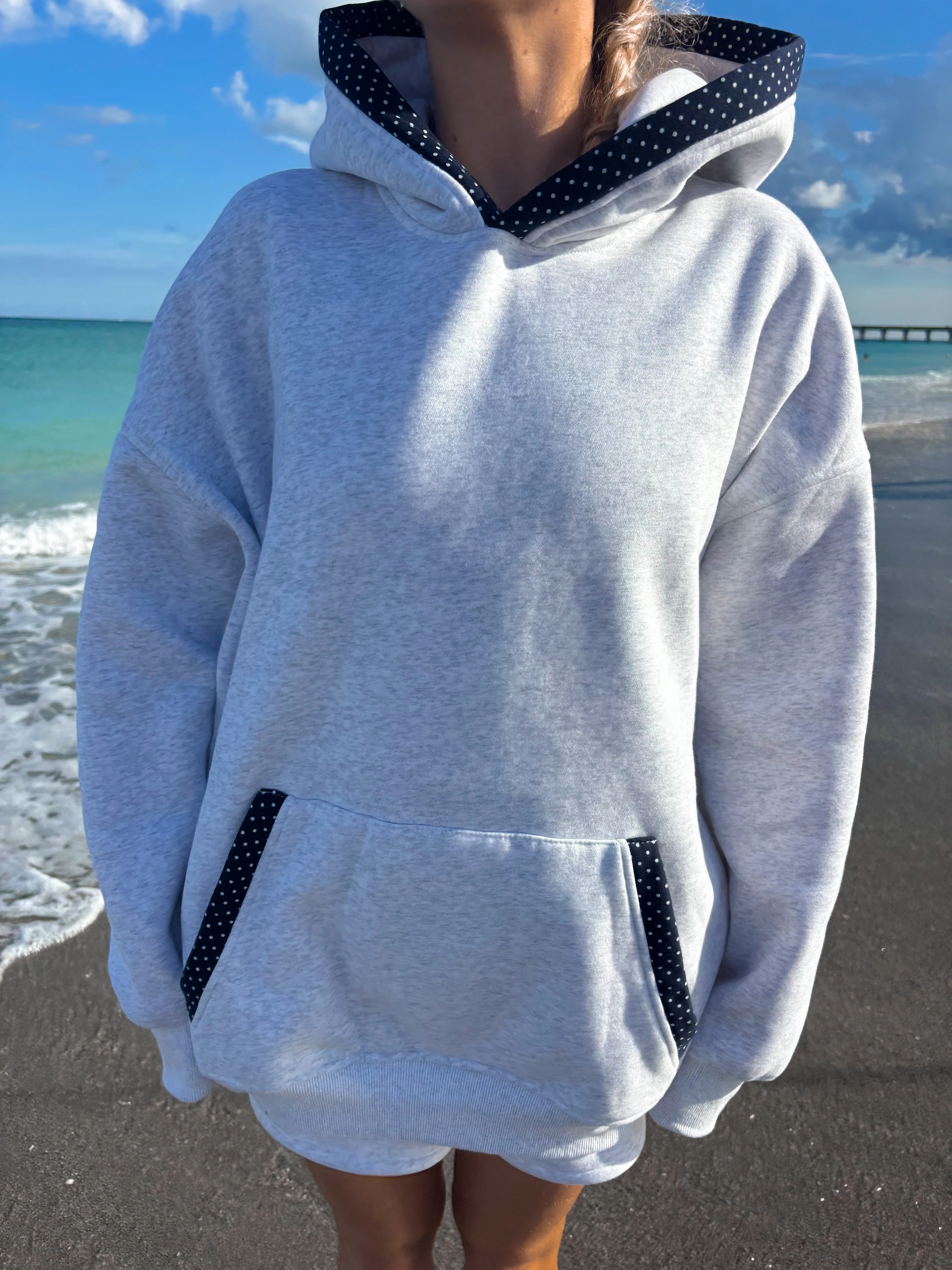 Pearl Grey Navy Blue Polka Dot Hoodie - Image 7