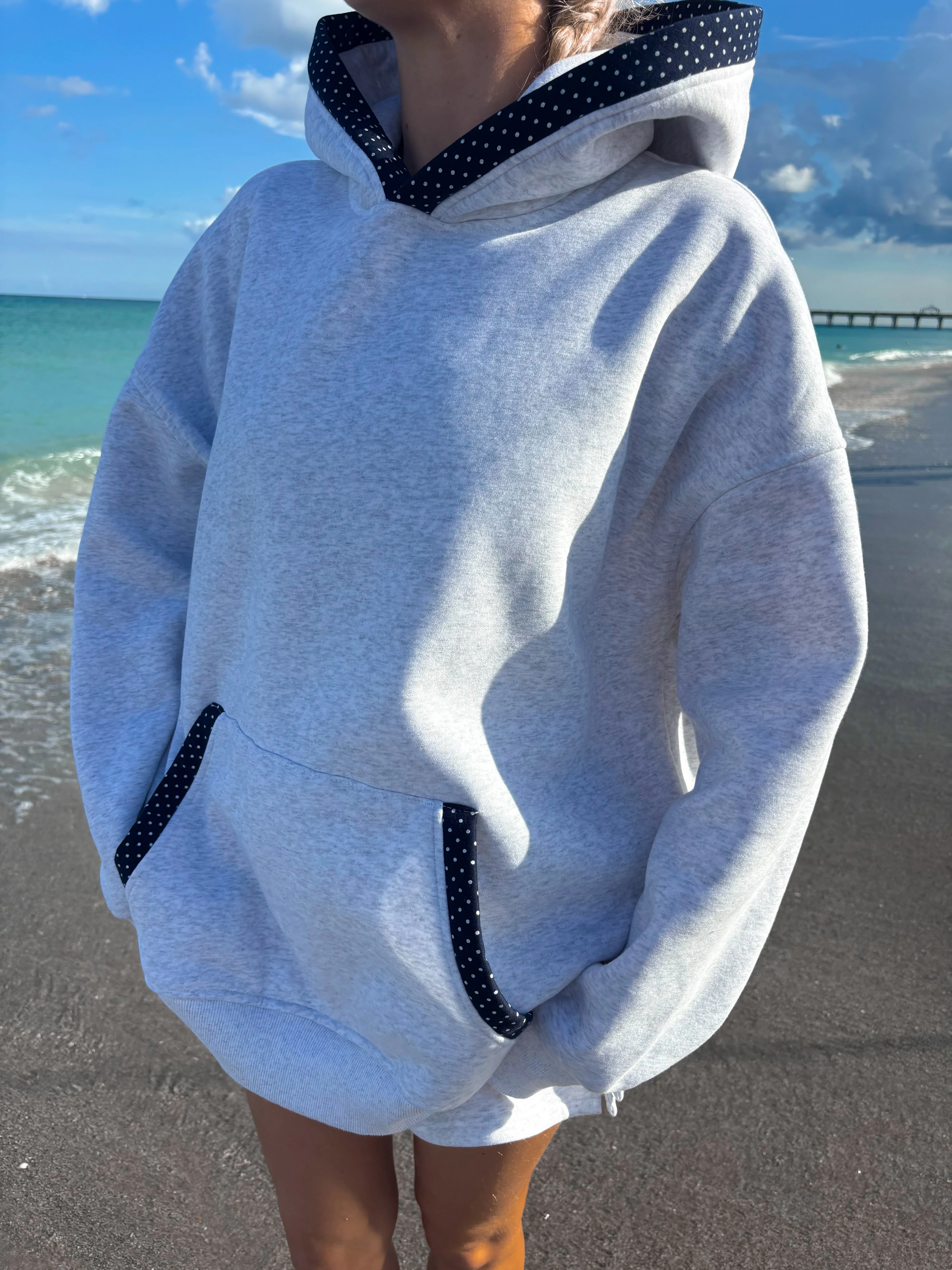 Pearl Grey Navy Blue Polka Dot Hoodie - Image 8