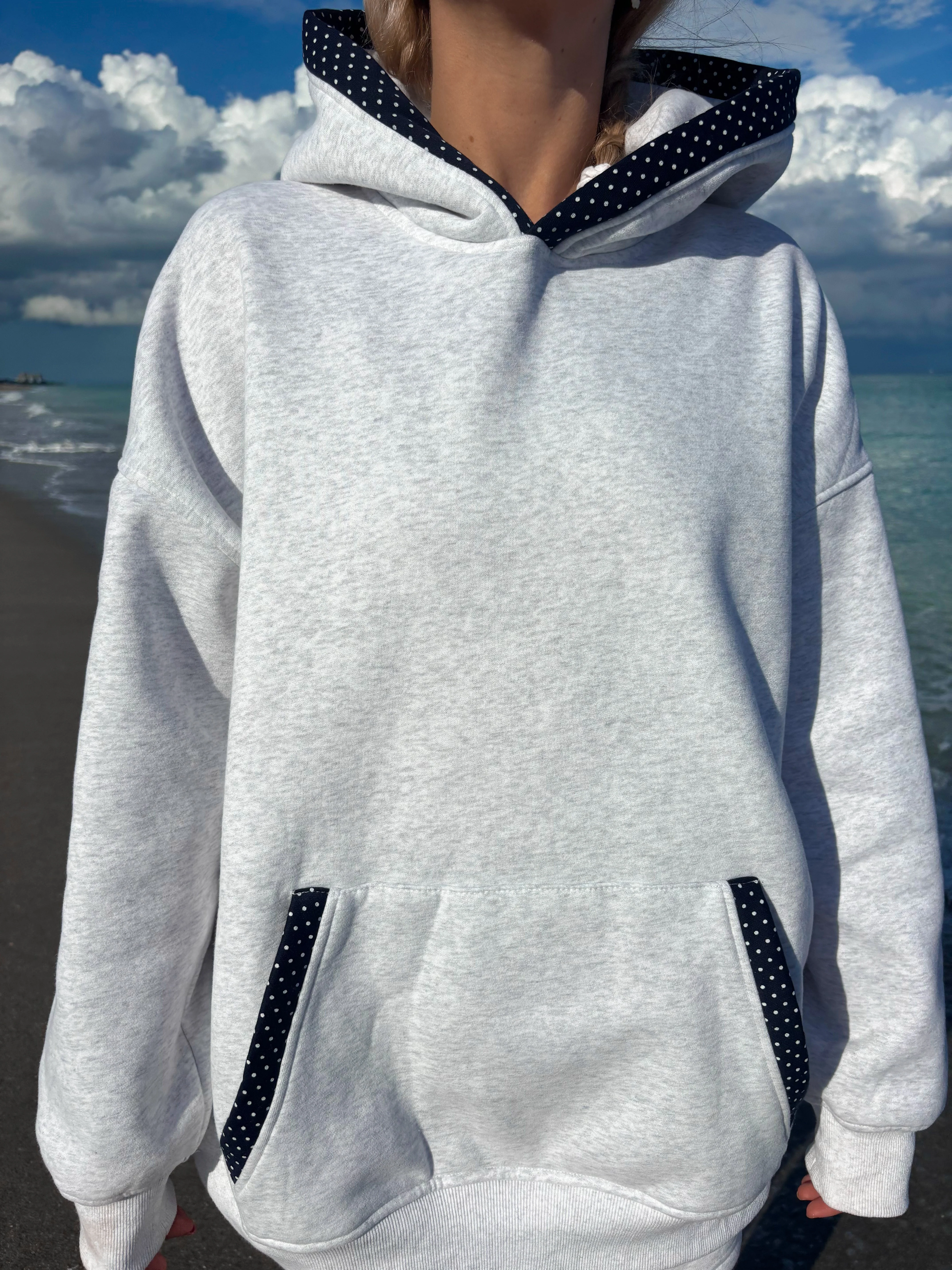 Pearl Grey Navy Blue Polka Dot Hoodie - Image 9