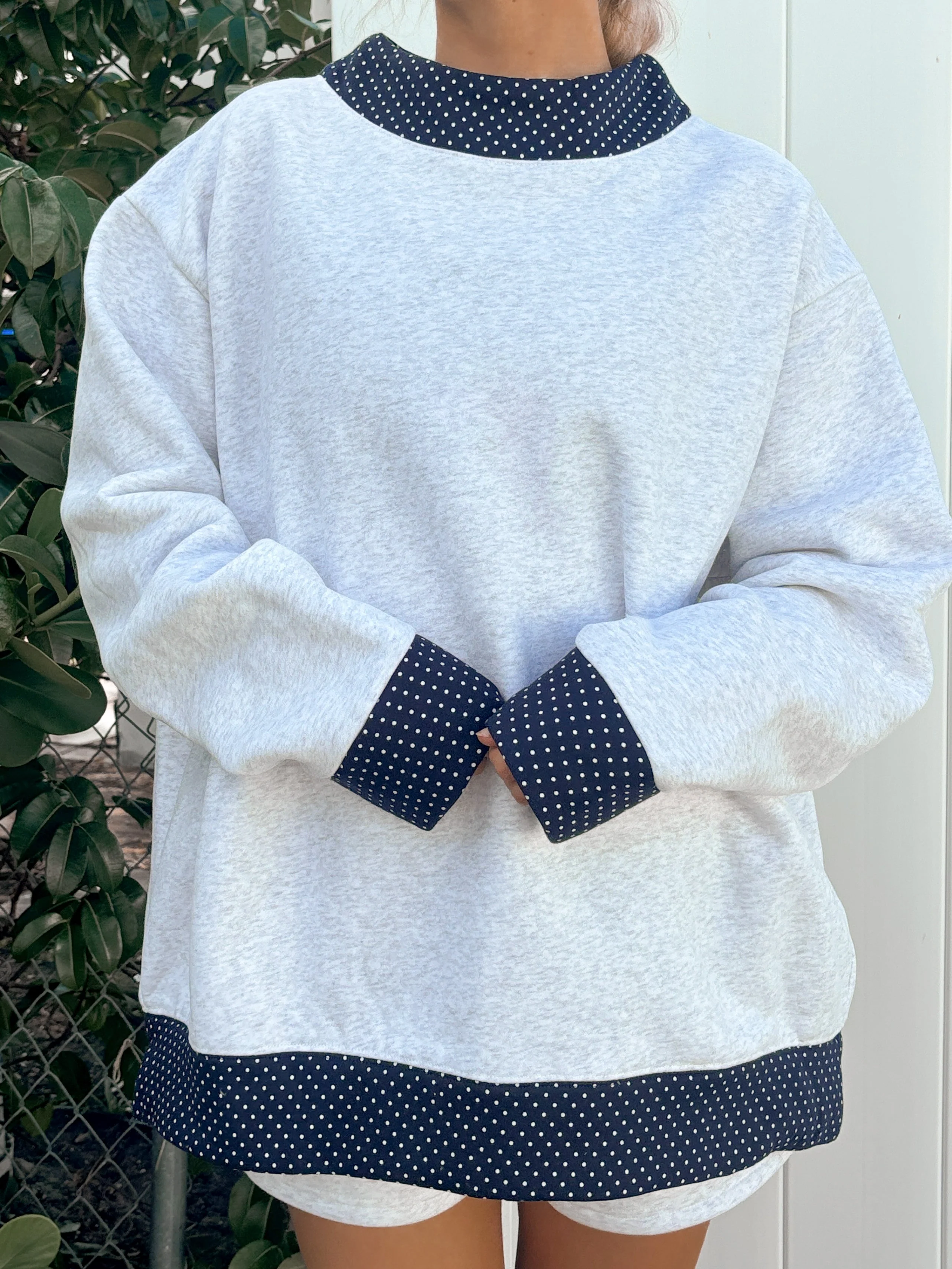 Pearl Grey Navy Blue Polka Dot Mockneck Sweatshirt - Image 3