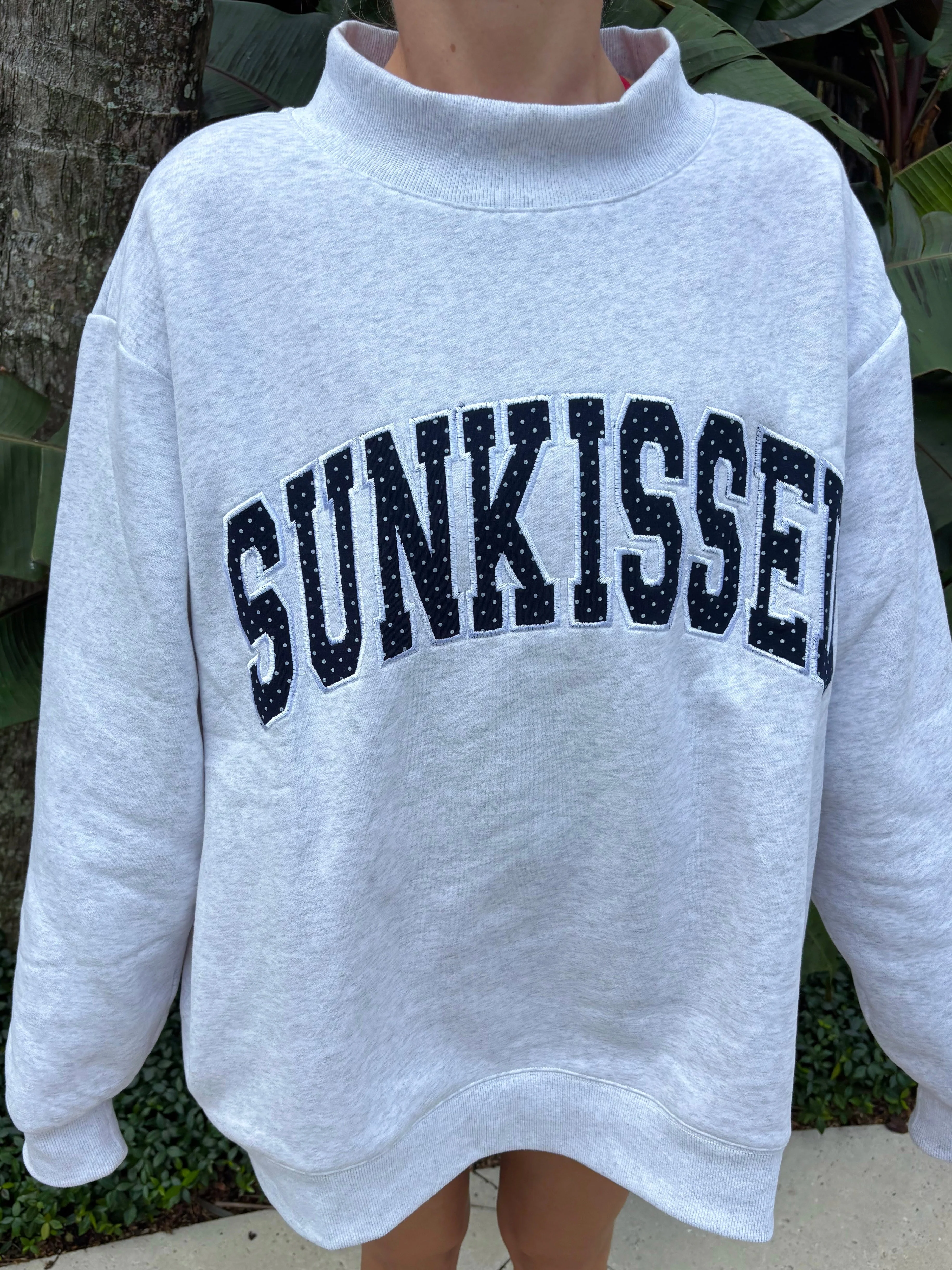 Pearl Grey Navy Blue Polka Dot SUNKISSED Mockneck Sweatshirt - Image 2