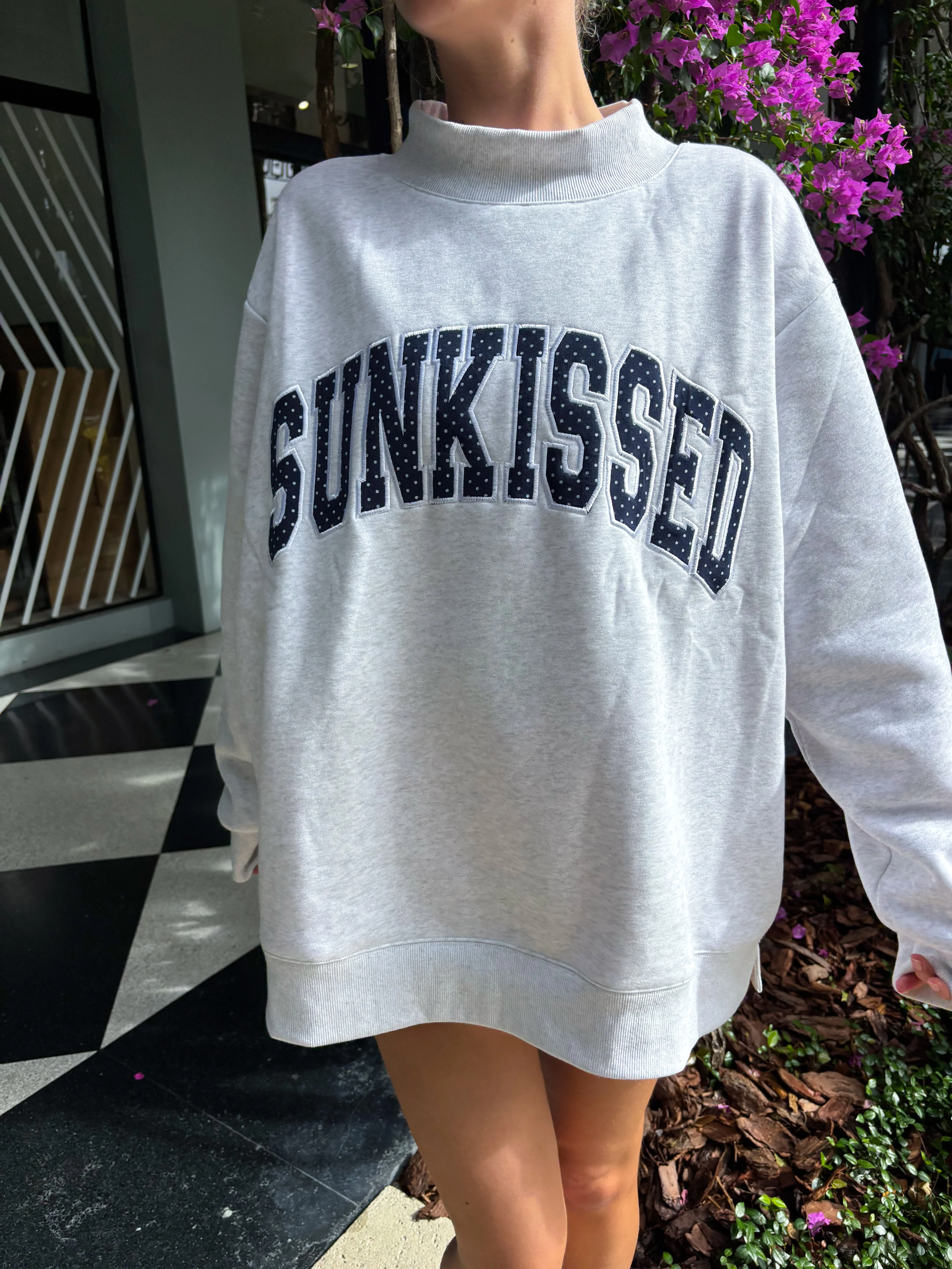 Pearl Grey Navy Blue Polka Dot SUNKISSED Mockneck Sweatshirt - Image 3