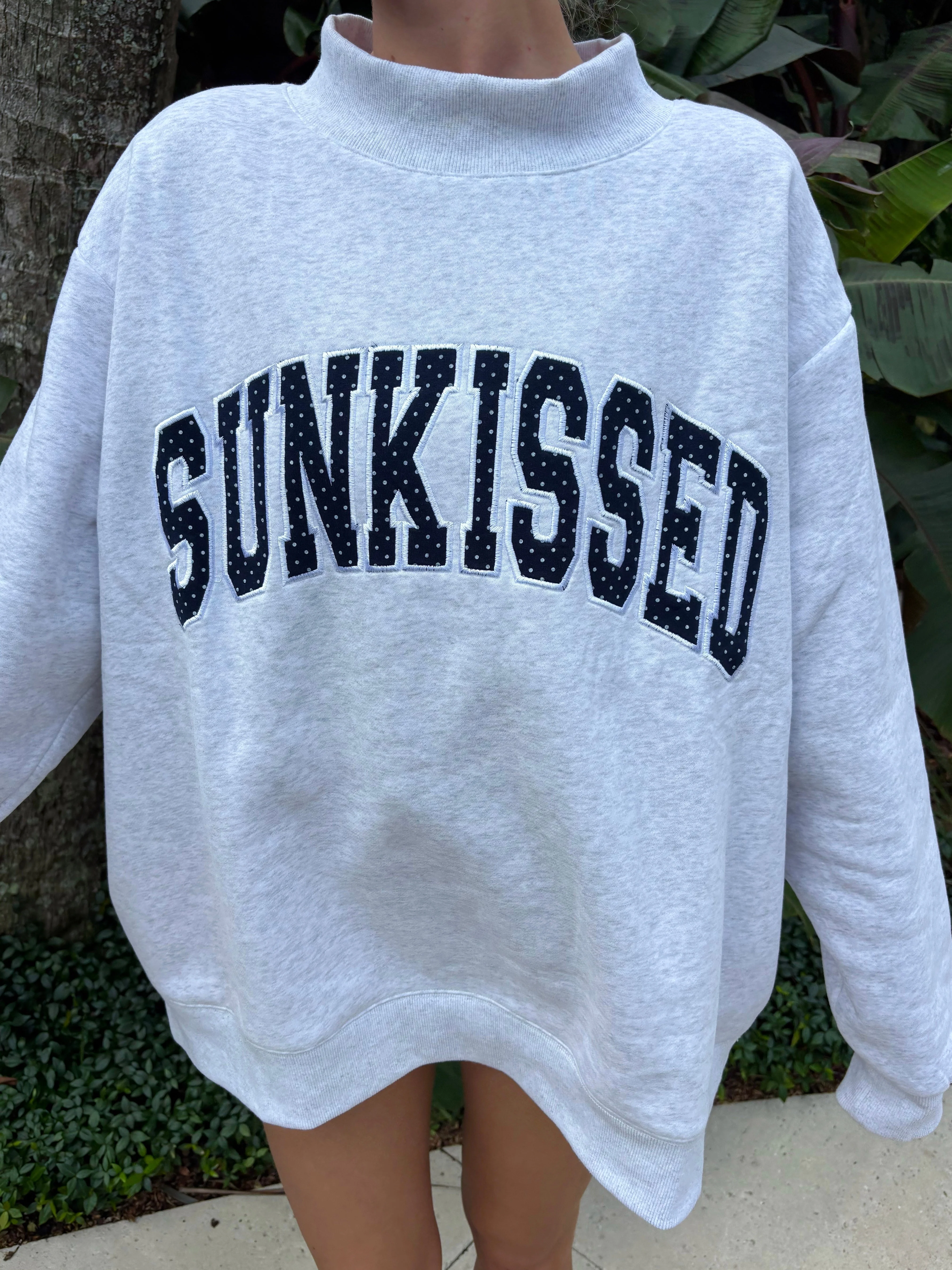 Pearl Grey Navy Blue Polka Dot SUNKISSED Mockneck Sweatshirt - Image 4