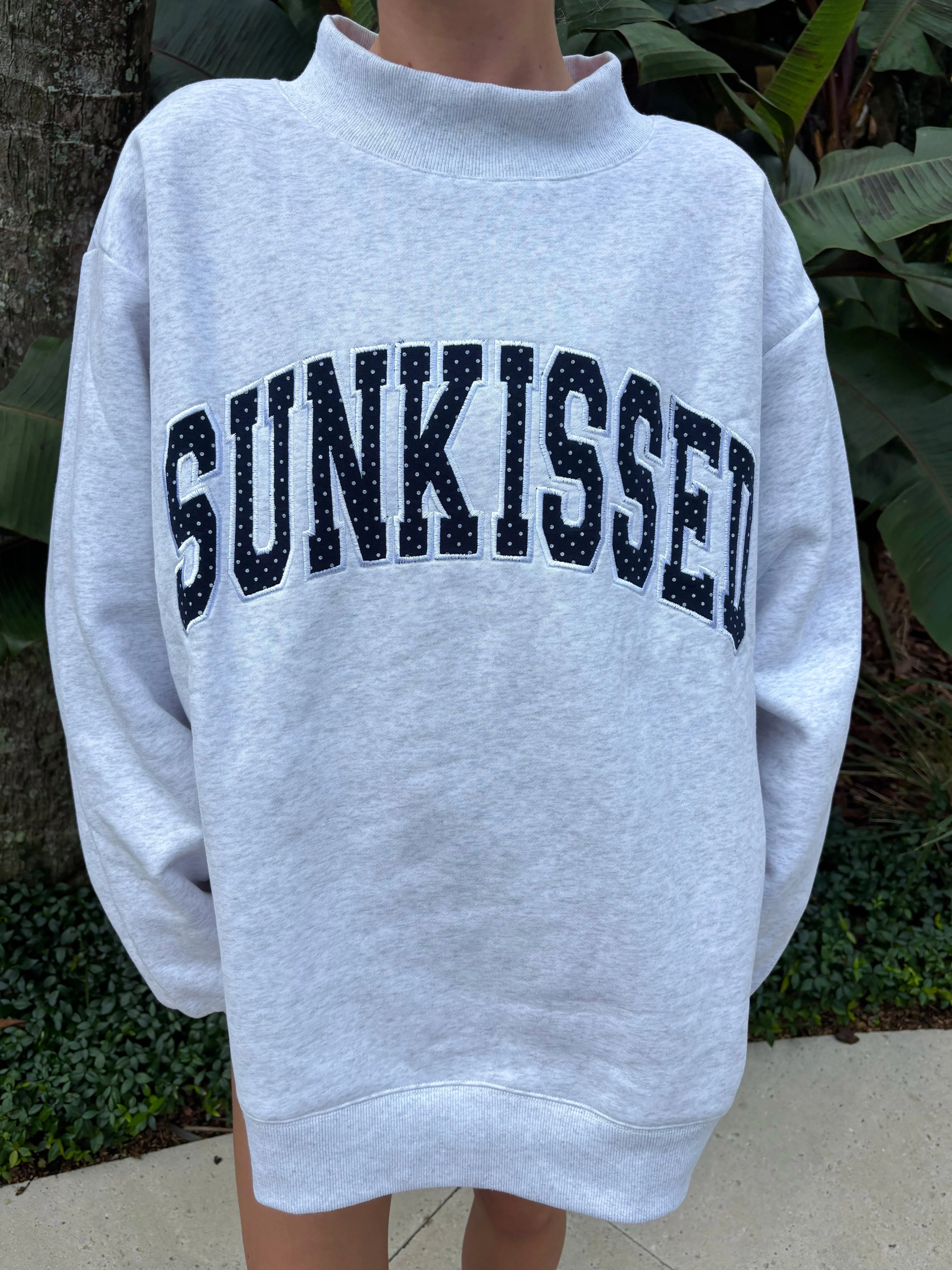 Pearl Grey Navy Blue Polka Dot SUNKISSED Mockneck Sweatshirt - Image 5