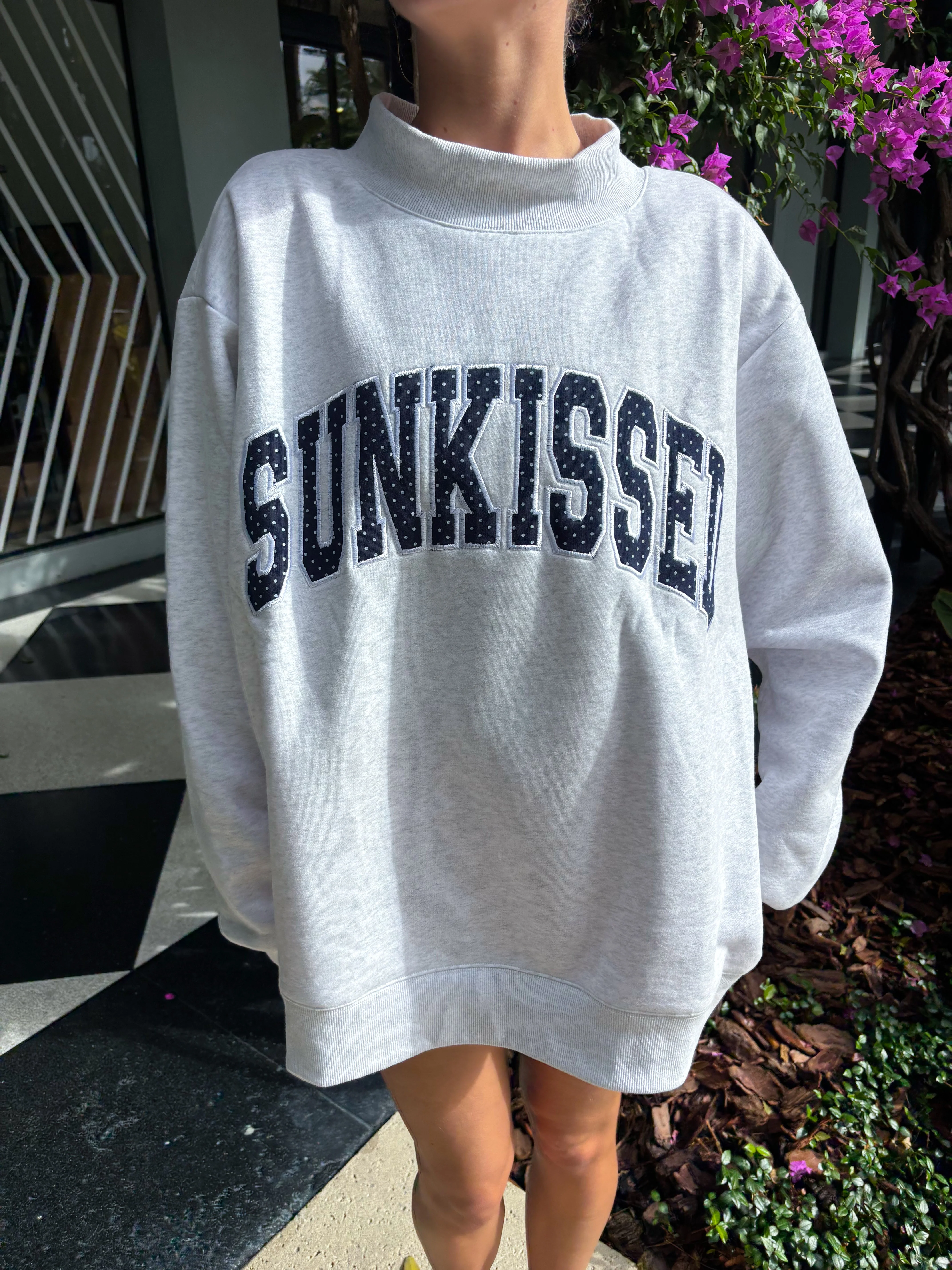Pearl Grey Navy Blue Polka Dot SUNKISSED Mockneck Sweatshirt - Image 6
