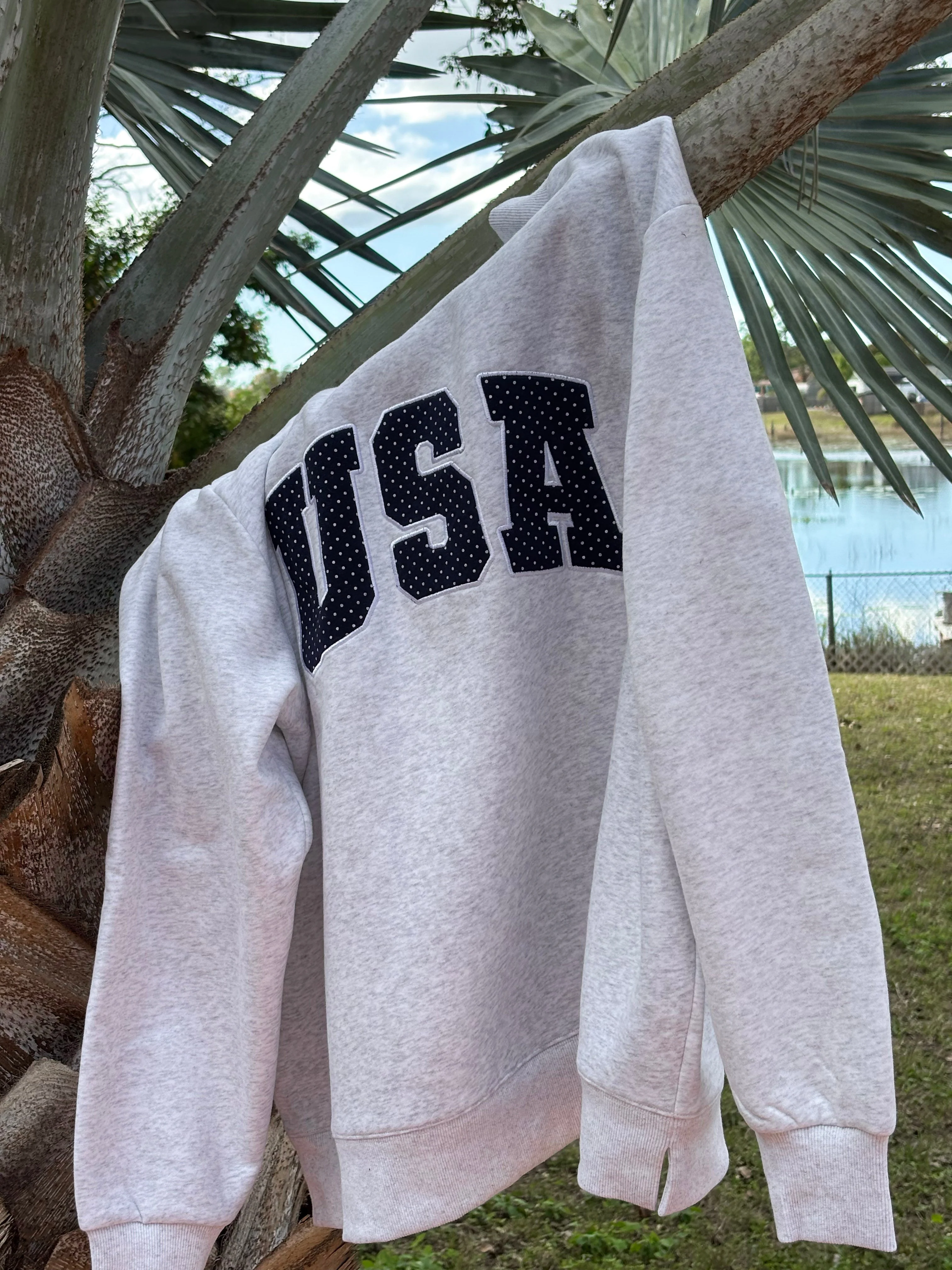 Pearl Grey Navy Blue Polka Dot USA Mockneck Sweatshirt - Image 4