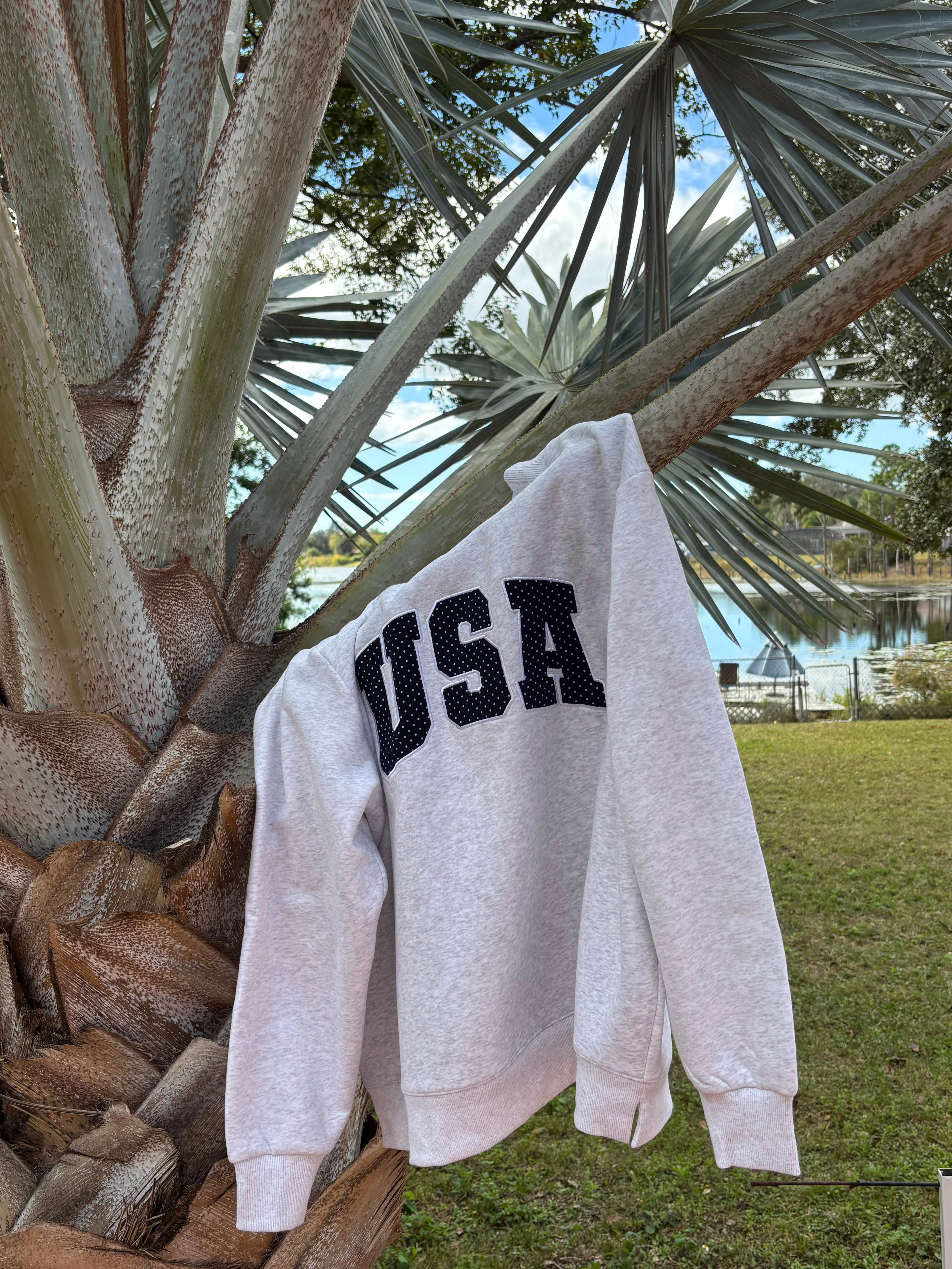 Pearl Grey Navy Blue Polka Dot USA Mockneck Sweatshirt - Image 5