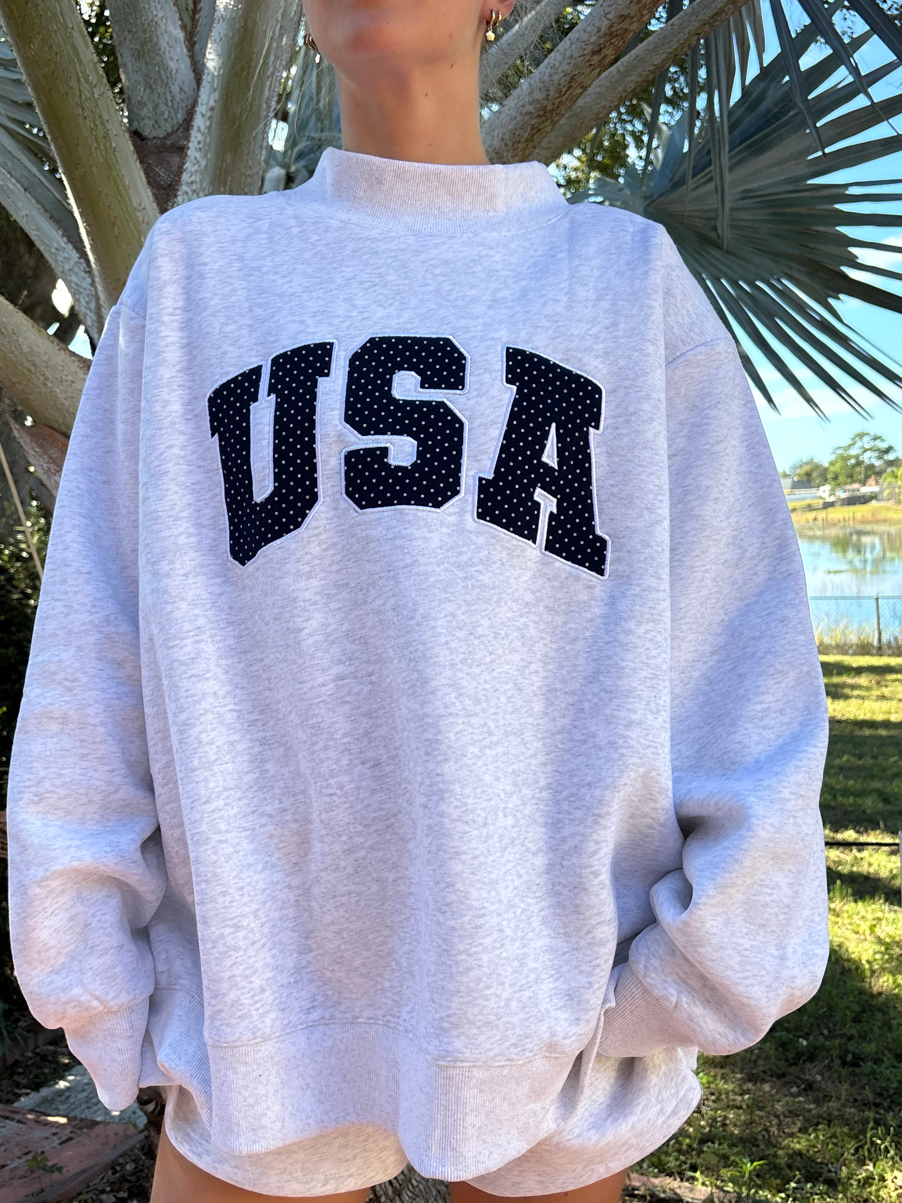 Pearl Grey Navy Blue Polka Dot USA Mockneck Sweatshirt - Image 6