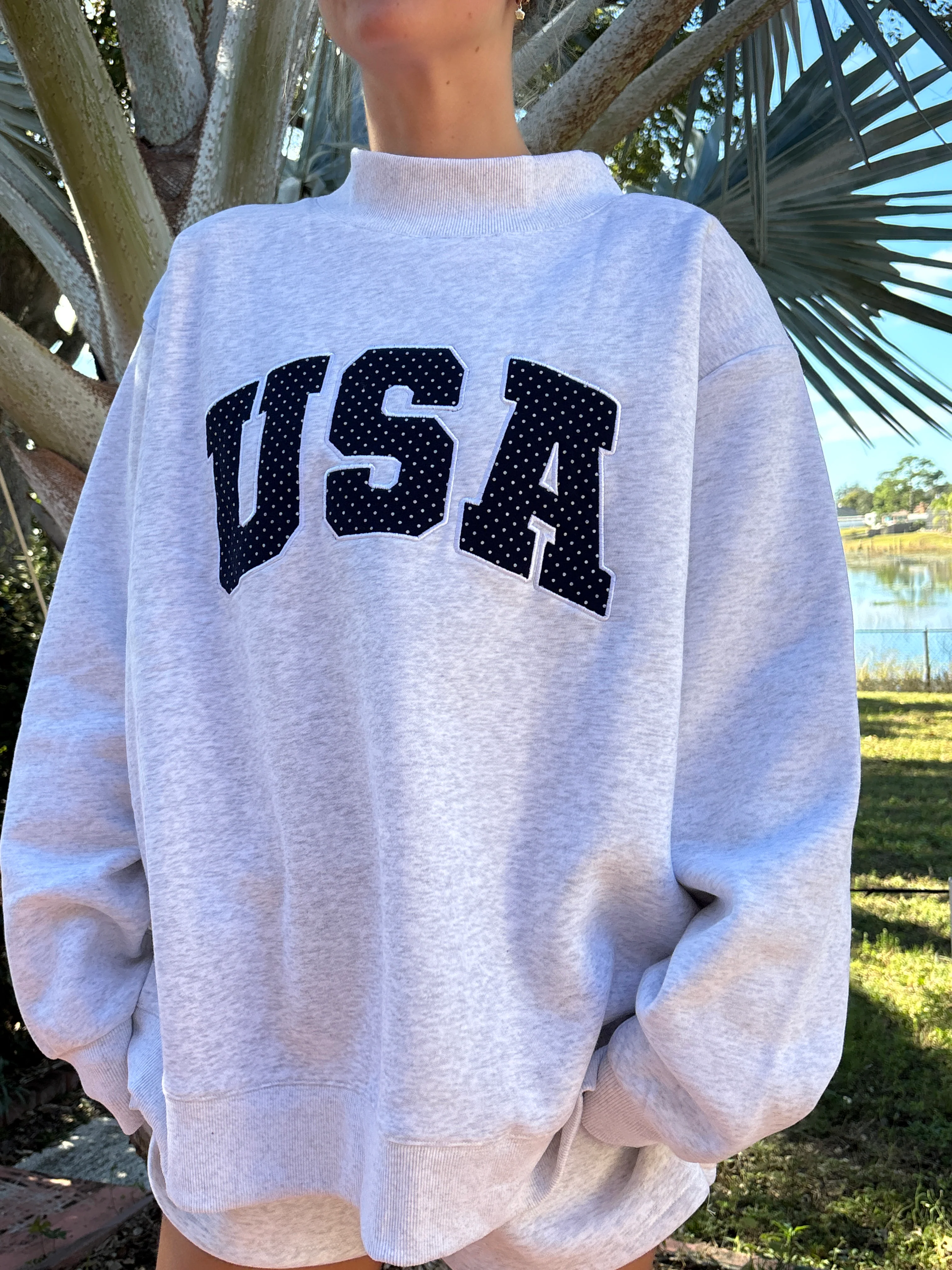 Pearl Grey Navy Blue Polka Dot USA Mockneck Sweatshirt - Image 7
