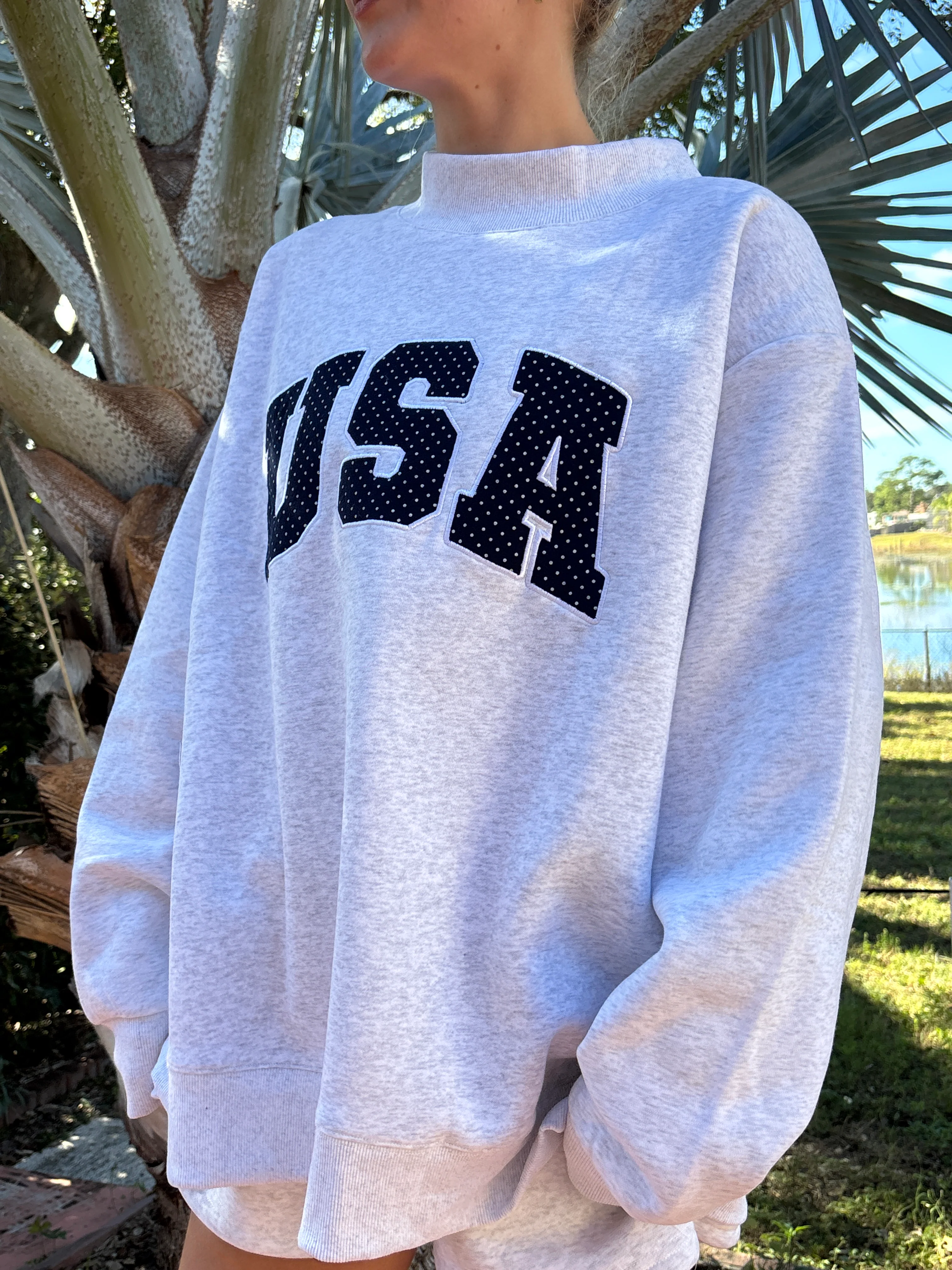 Pearl Grey Navy Blue Polka Dot USA Mockneck Sweatshirt - Image 8