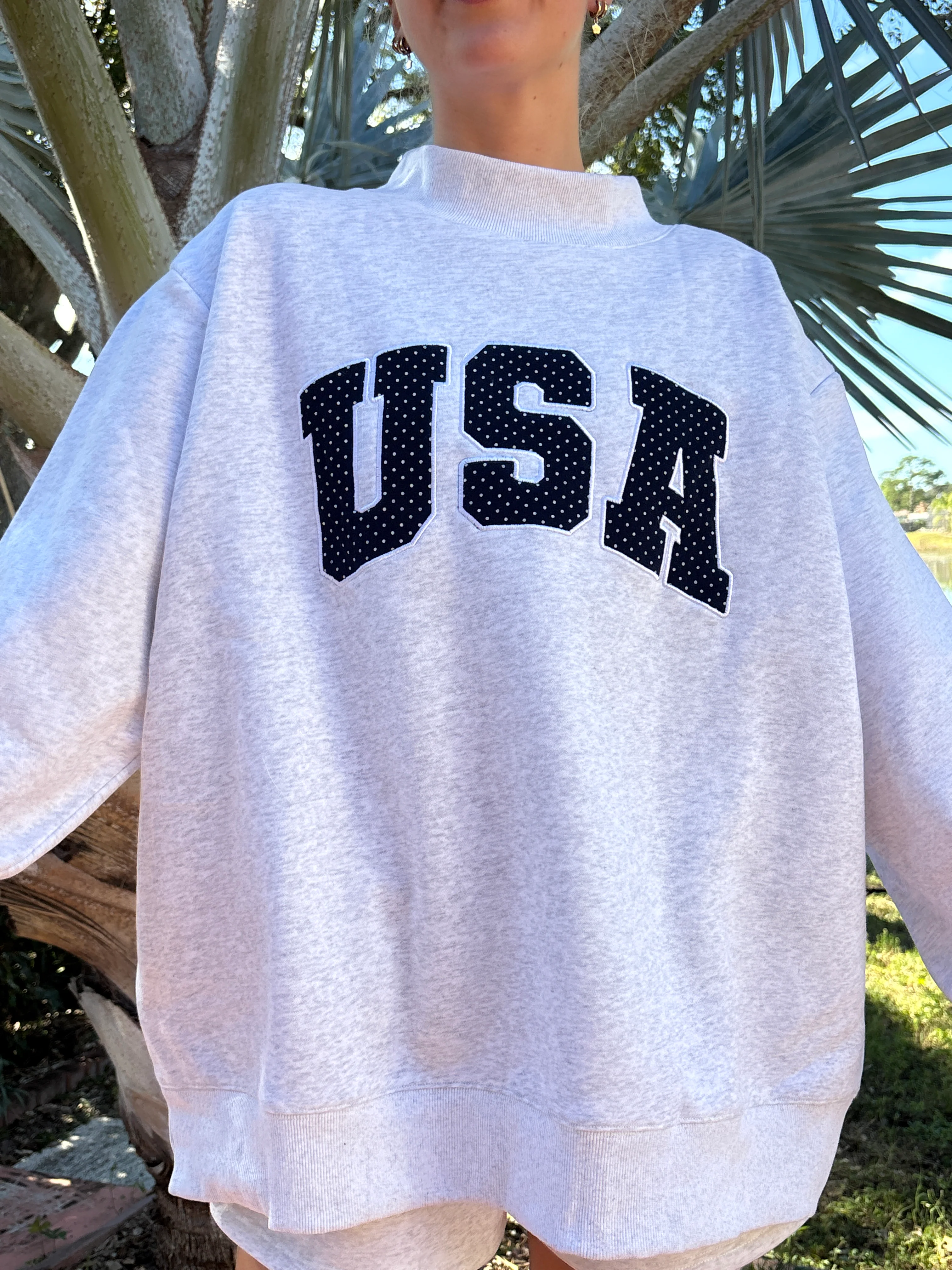 Pearl Grey Navy Blue Polka Dot USA Mockneck Sweatshirt - Image 9