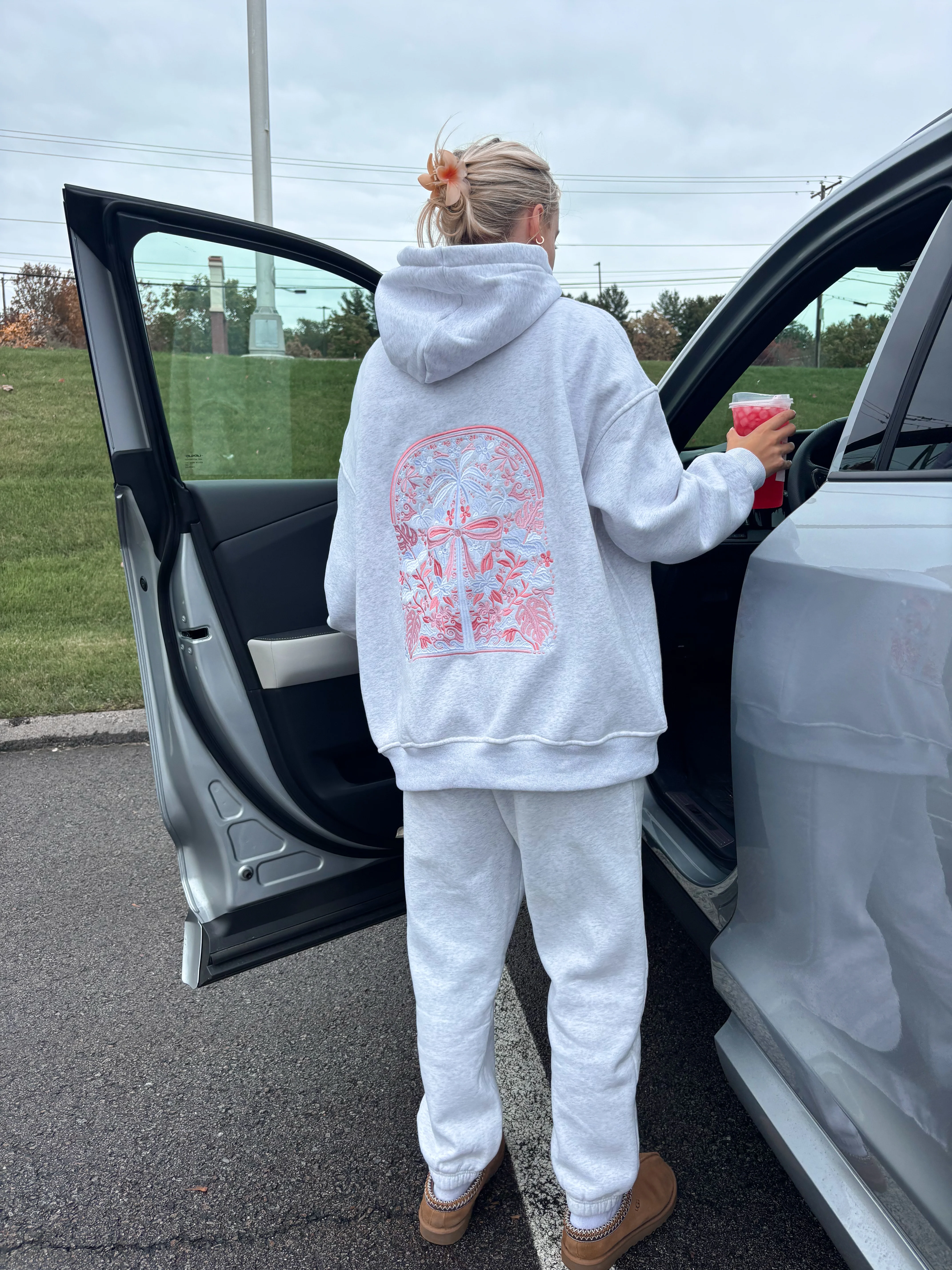 Pearl Grey Tropical Palms Hoodie - Image 5