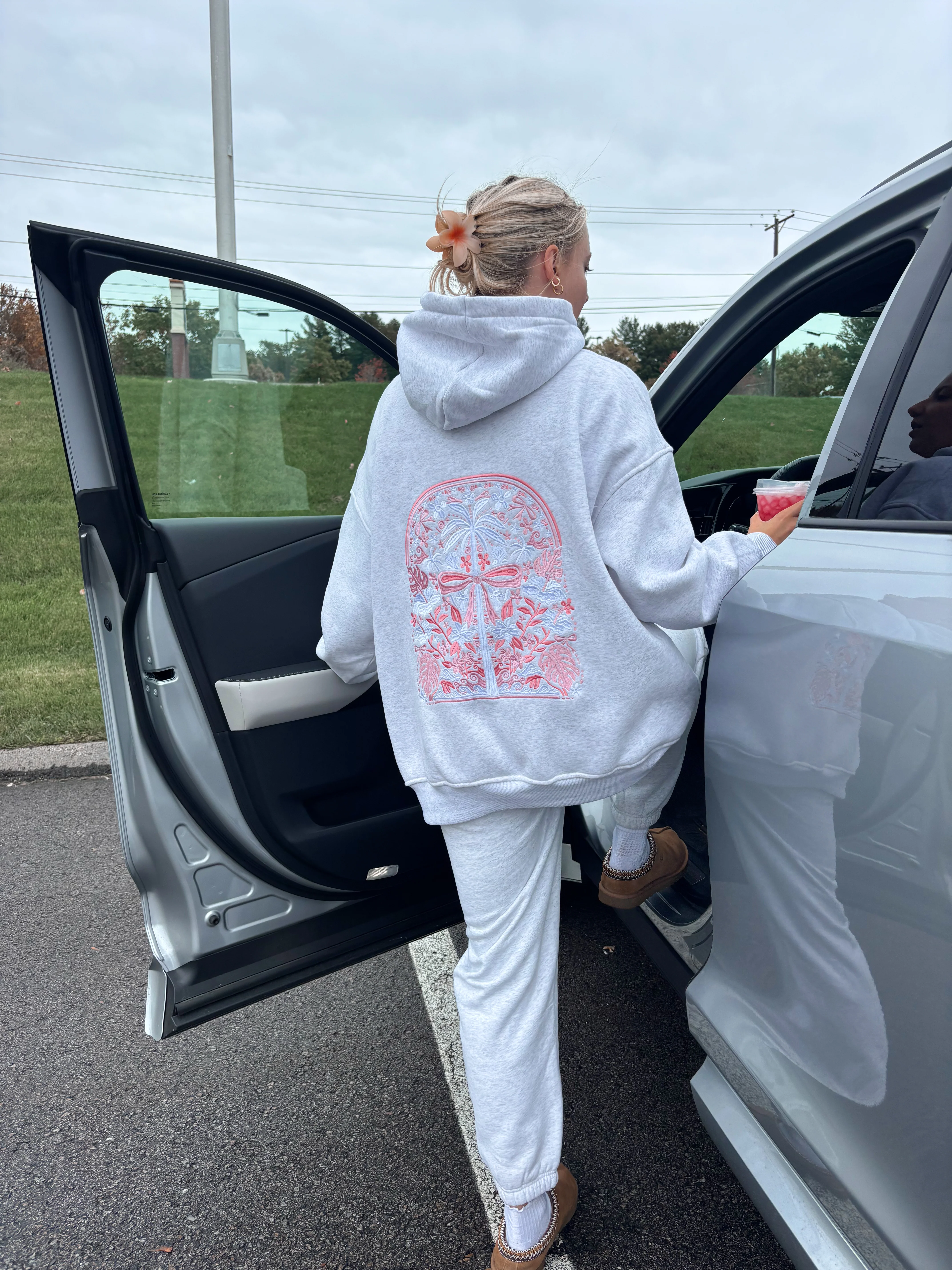 Pearl Grey Tropical Palms Hoodie - Image 6