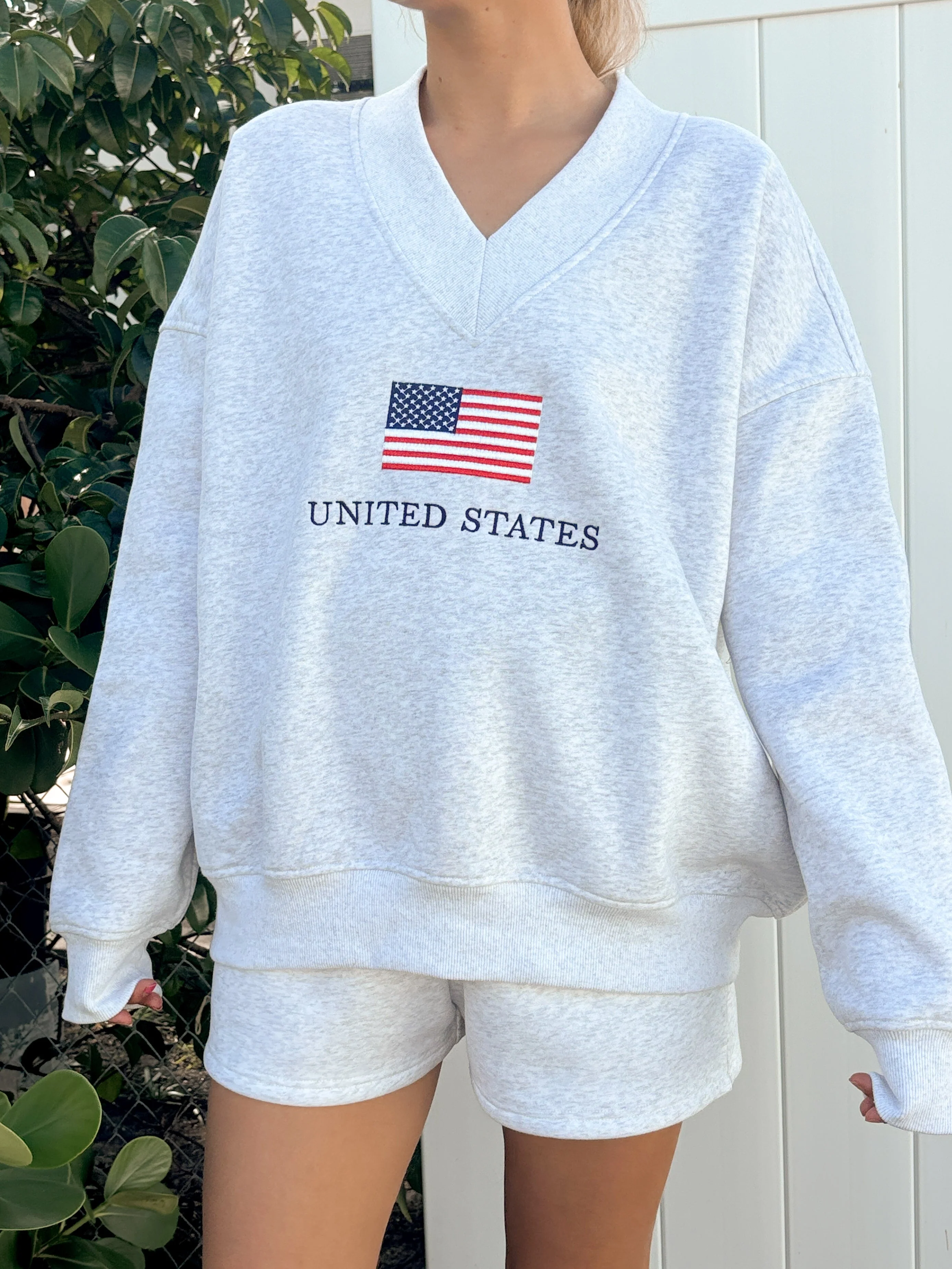 Pearl Grey United States Flag Embroider V-Neck Sweatshirt - Image 3