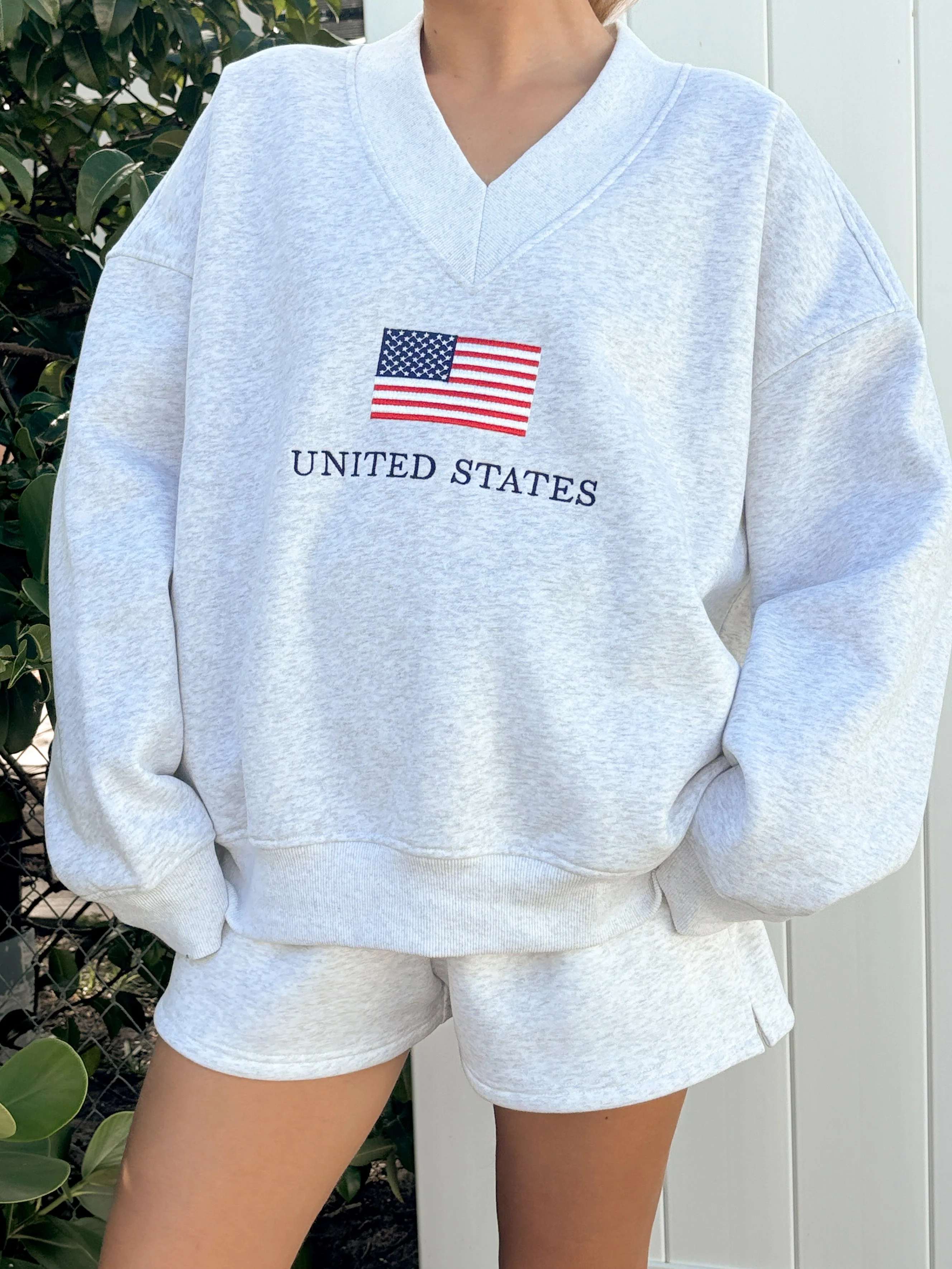 Pearl Grey United States Flag Embroider V-Neck Sweatshirt - Image 4