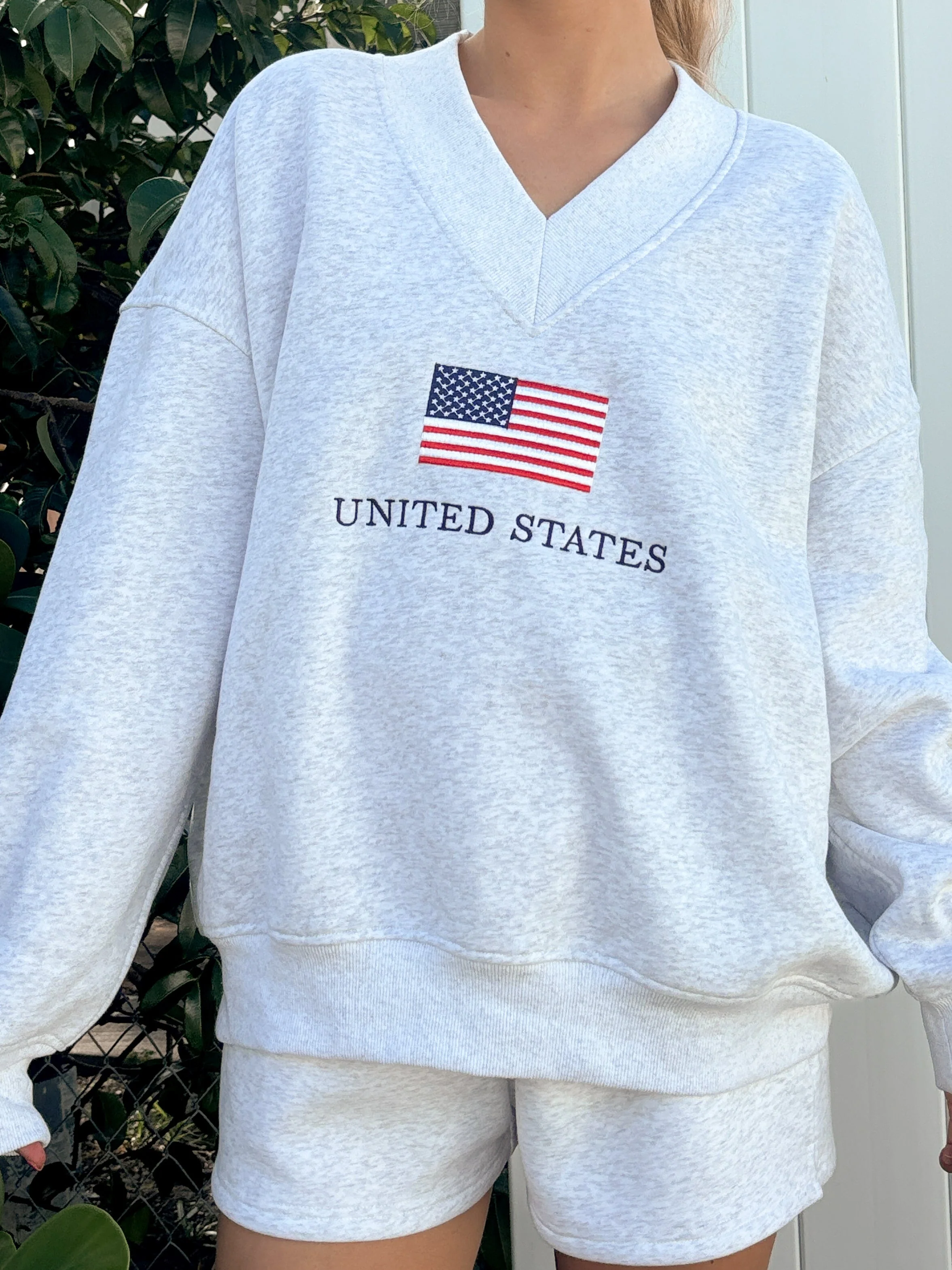 Pearl Grey United States Flag Embroider V-Neck Sweatshirt - Image 5