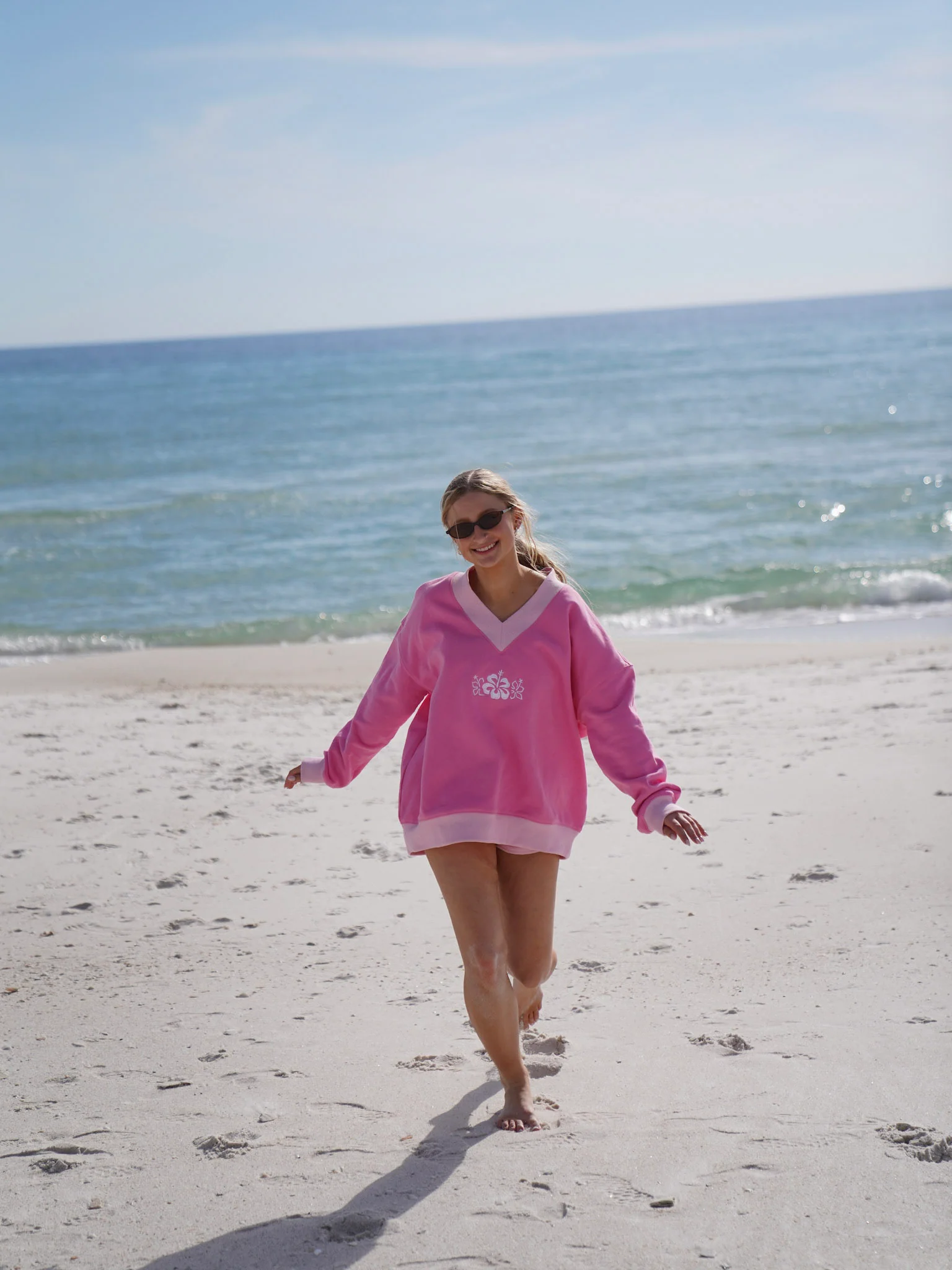 Pink And Light Pink Embroider Hibiscus Flower V-Neck Sweatshirt - Image 10
