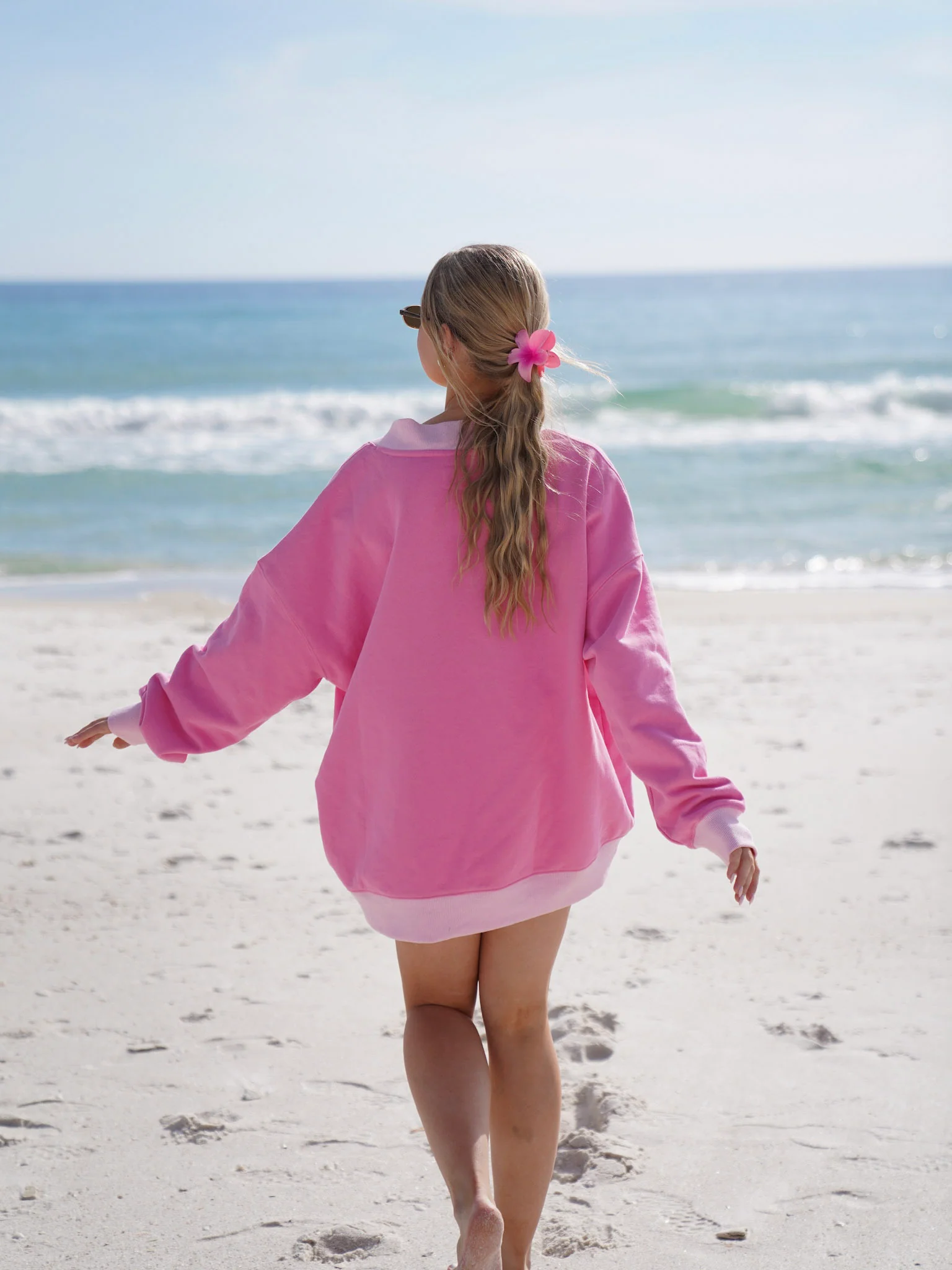 Pink And Light Pink Embroider Hibiscus Flower V-Neck Sweatshirt - Image 12