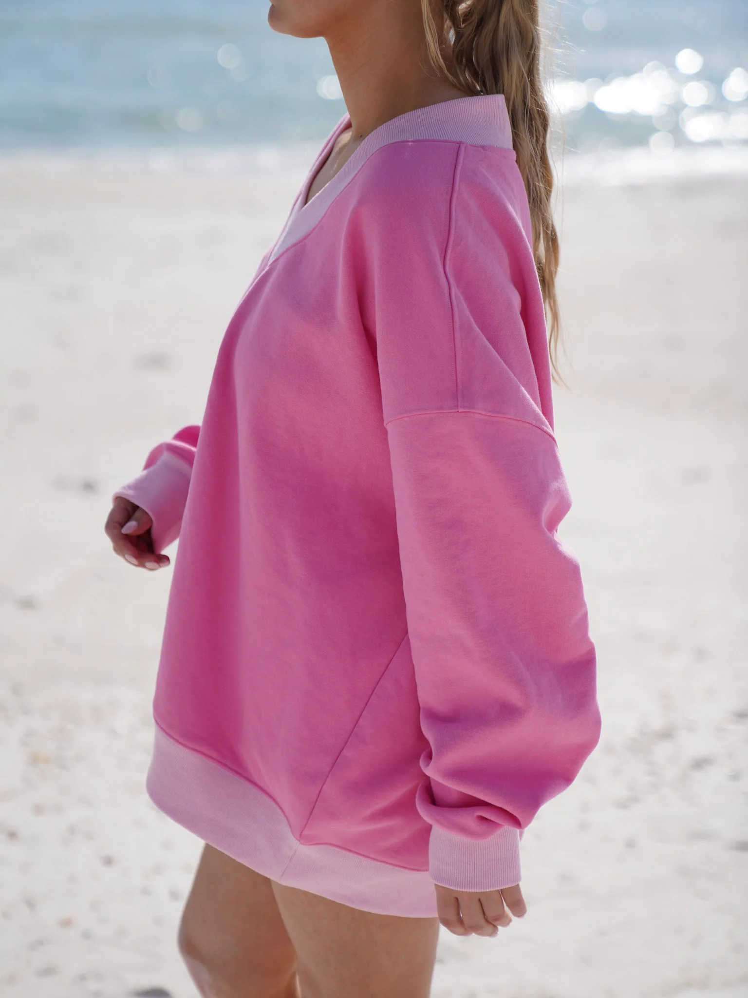 Pink And Light Pink Embroider Hibiscus Flower V-Neck Sweatshirt - Image 4