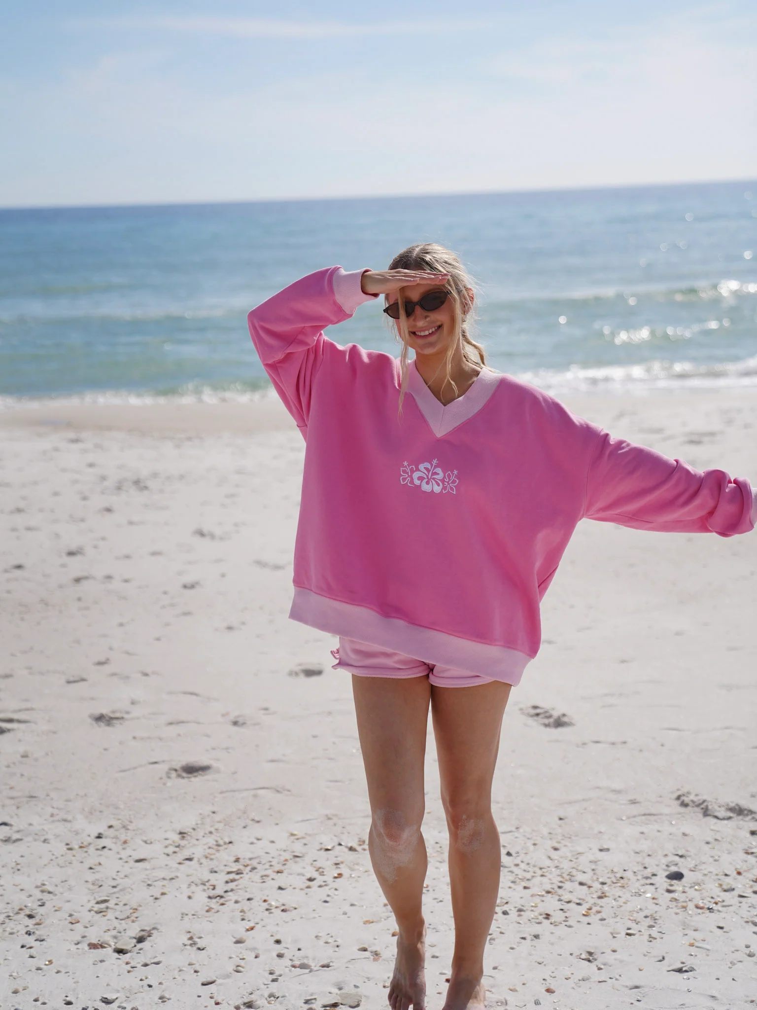 Pink And Light Pink Embroider Hibiscus Flower V-Neck Sweatshirt - Image 7