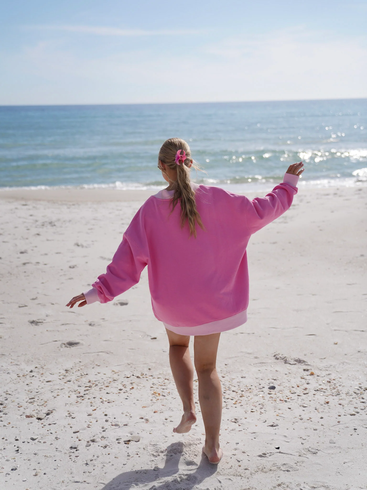 Pink And Light Pink Embroider Hibiscus Flower V-Neck Sweatshirt - Image 9