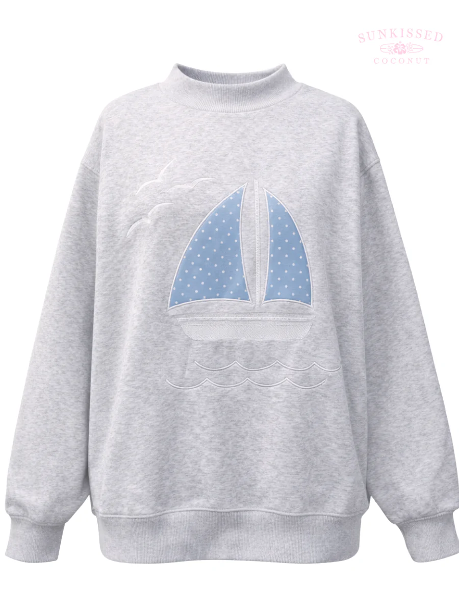 Polka Dot Sailboat Embroider Mockneck Sweatshirt - Image 4