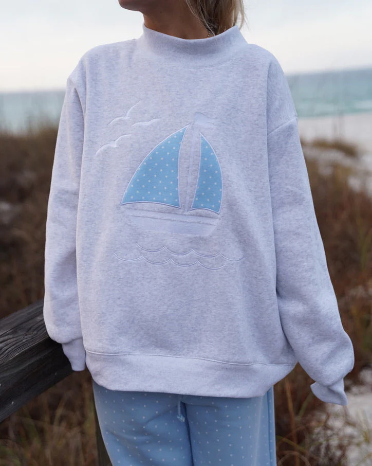 Polka Dot Sailboat Embroider Mockneck Sweatshirt - Image 7