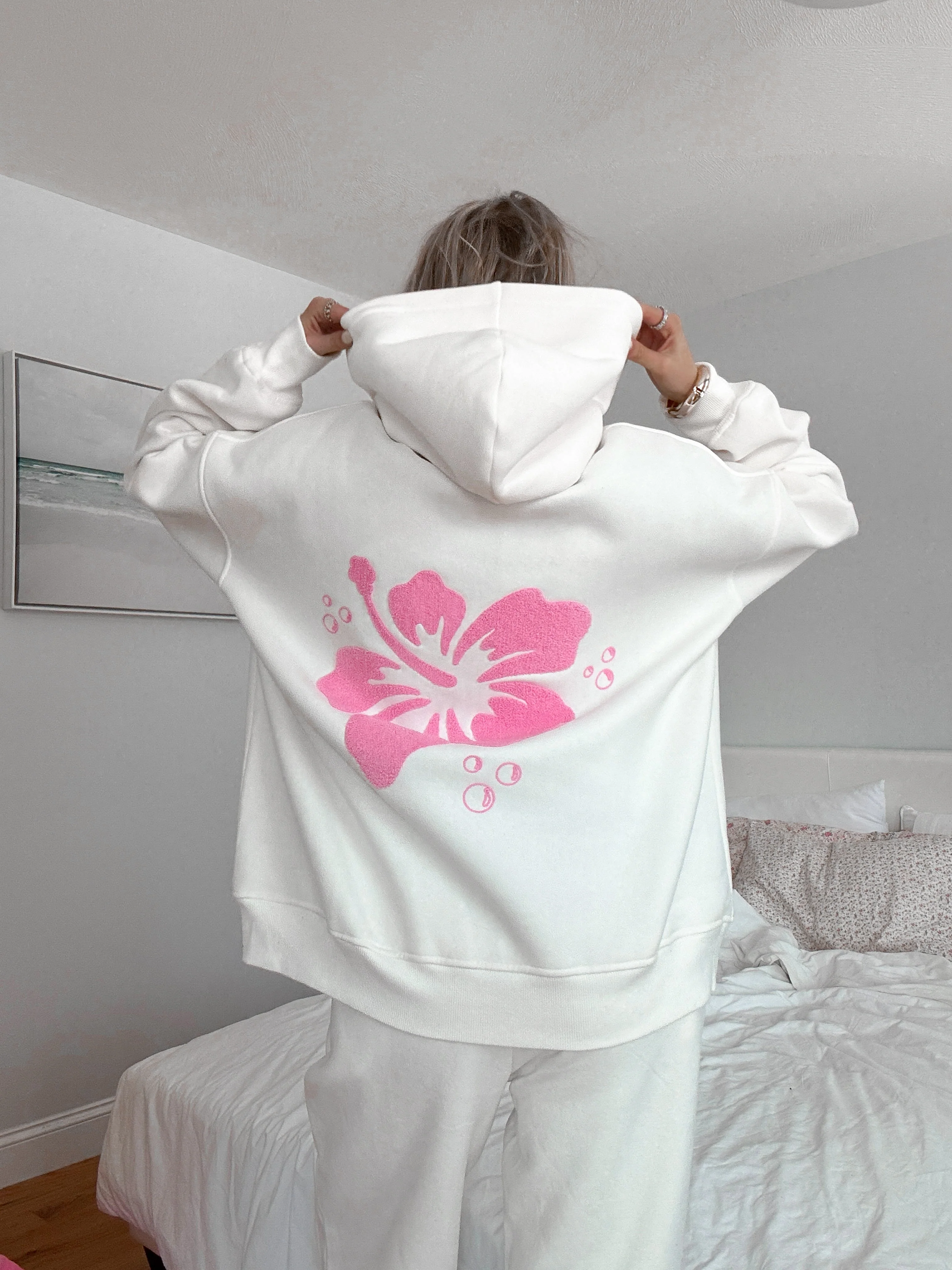 Ivory Hibiscus Flower Hoodie - Image 10