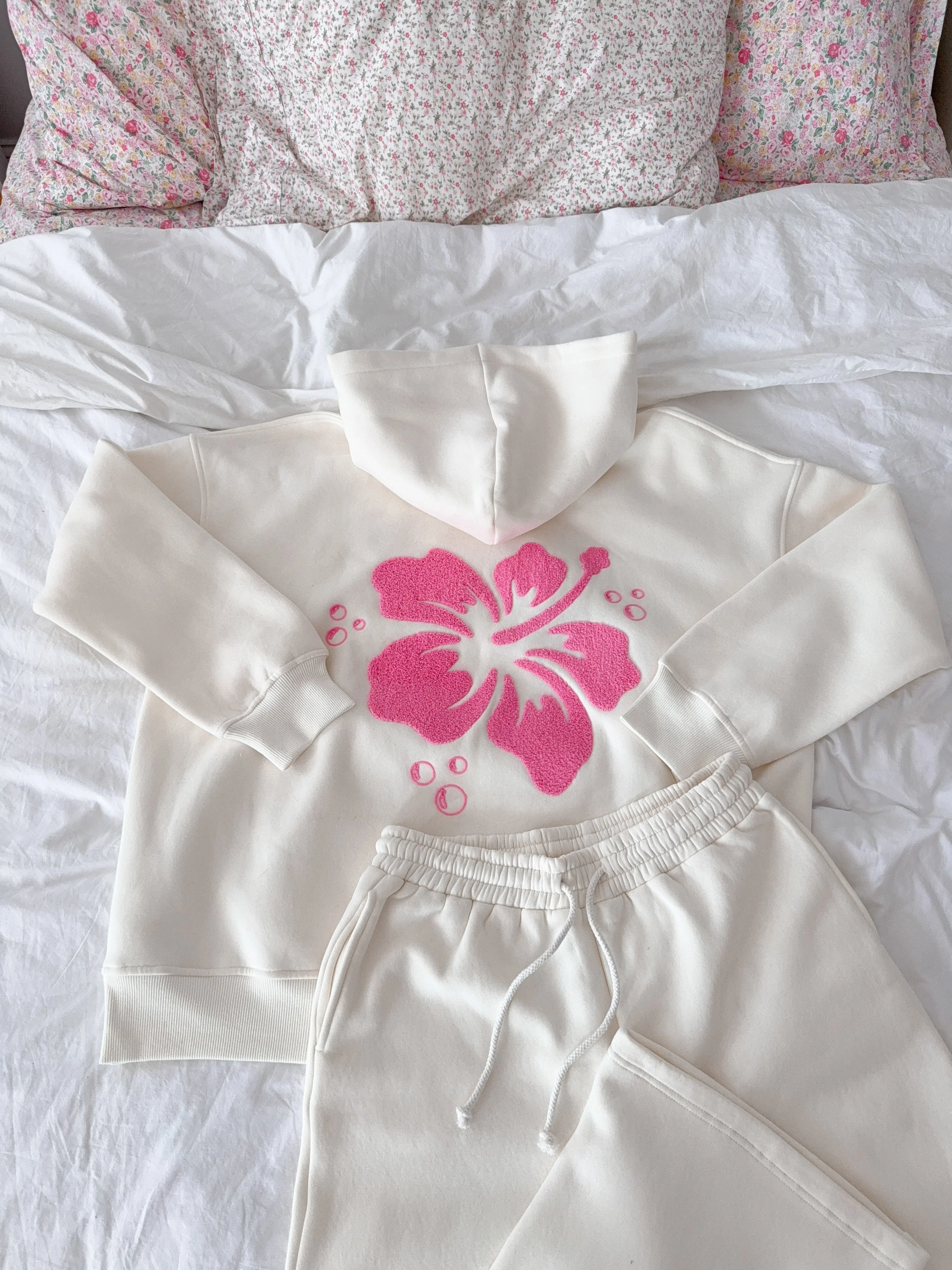 Ivory Hibiscus Flower Hoodie - Image 8