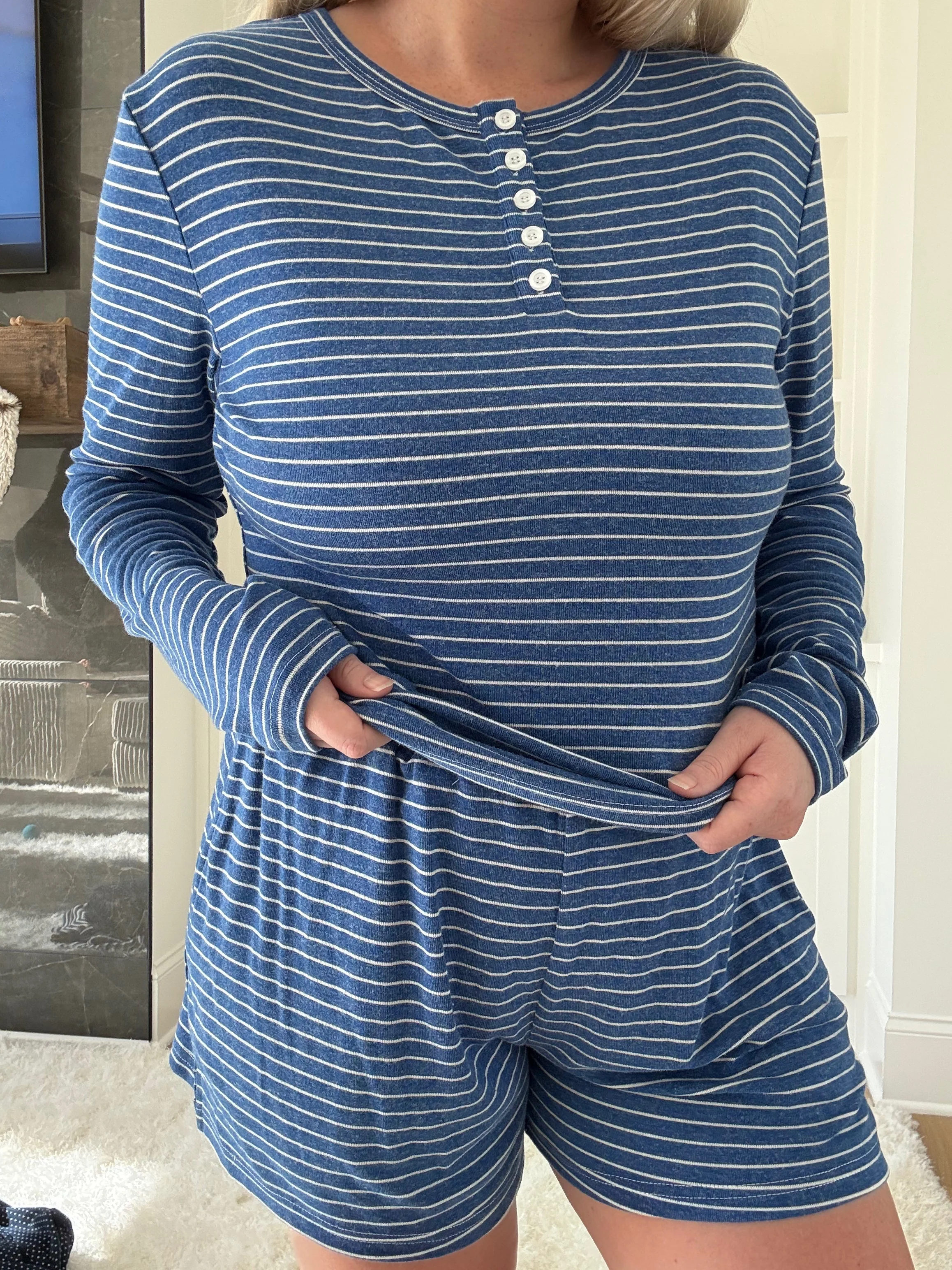 Striped Soft Button Loungewear Long Sleeve Top - Image 5