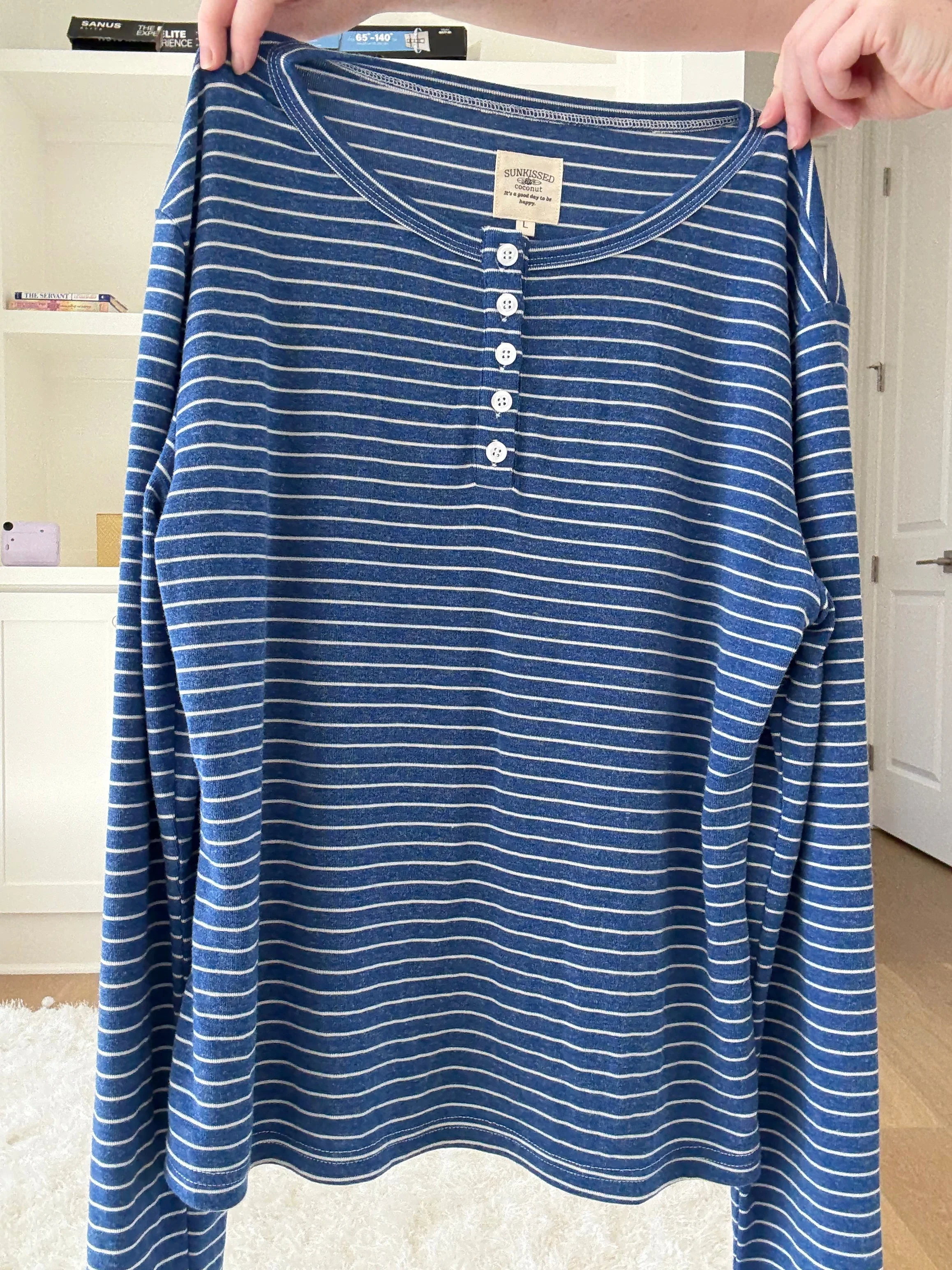 Striped Soft Button Loungewear Long Sleeve Top - Image 7