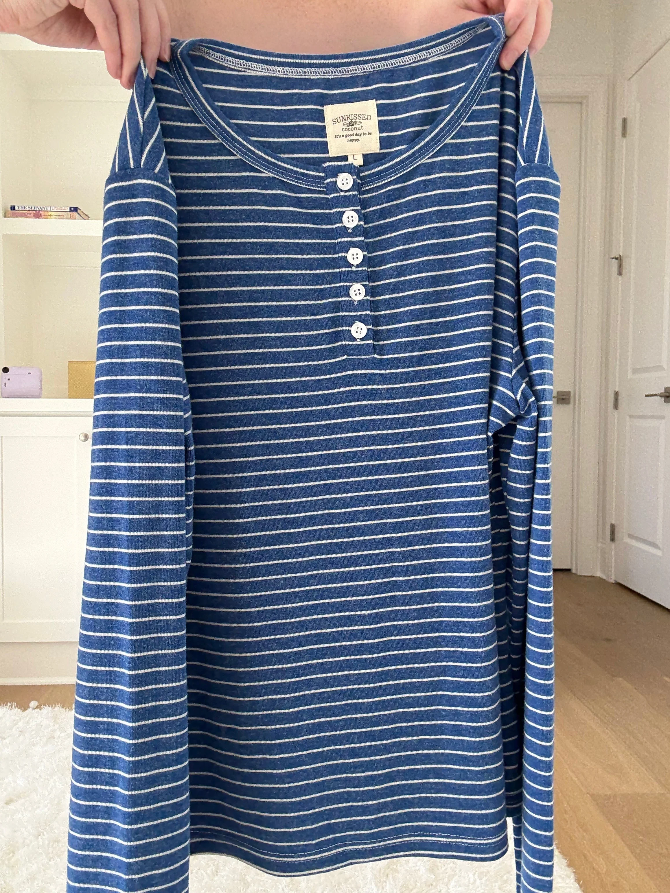 Striped Soft Button Loungewear Long Sleeve Top - Image 8