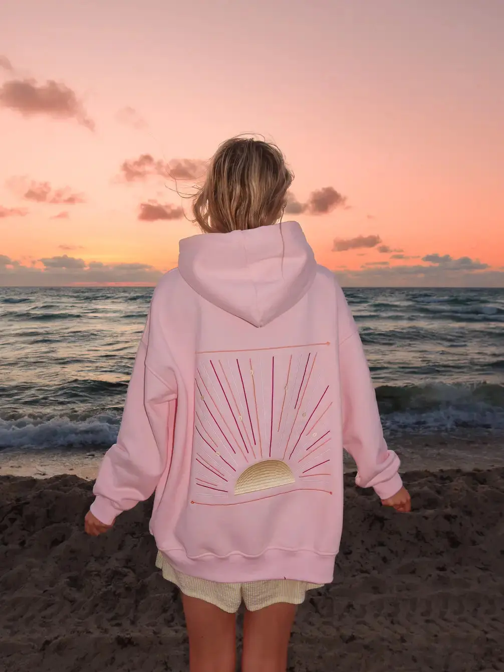 Light Pink Sunset Rays Embroider Hoodie - Image 3