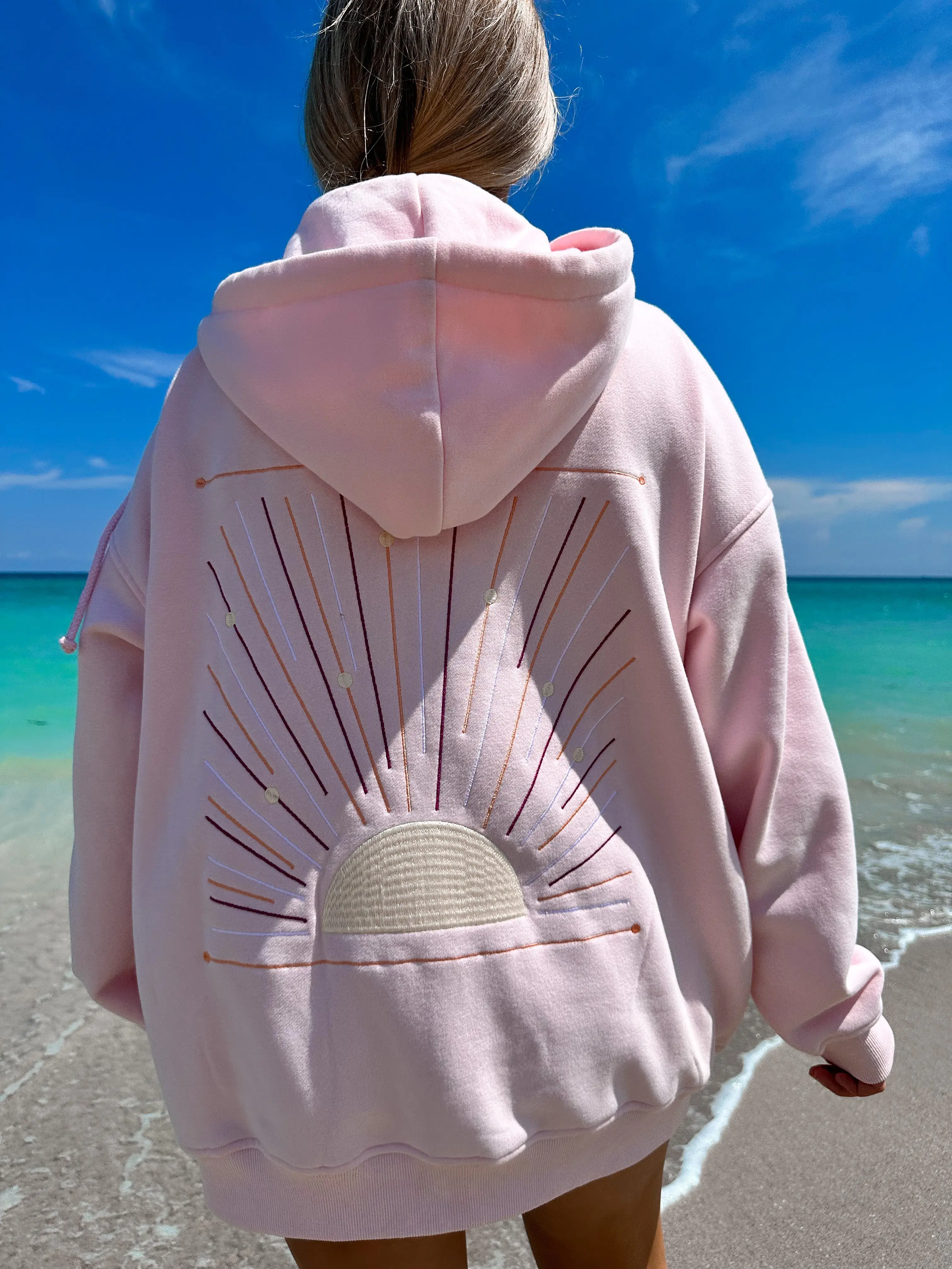 Light Pink Sunset Rays Embroider Hoodie - Image 6