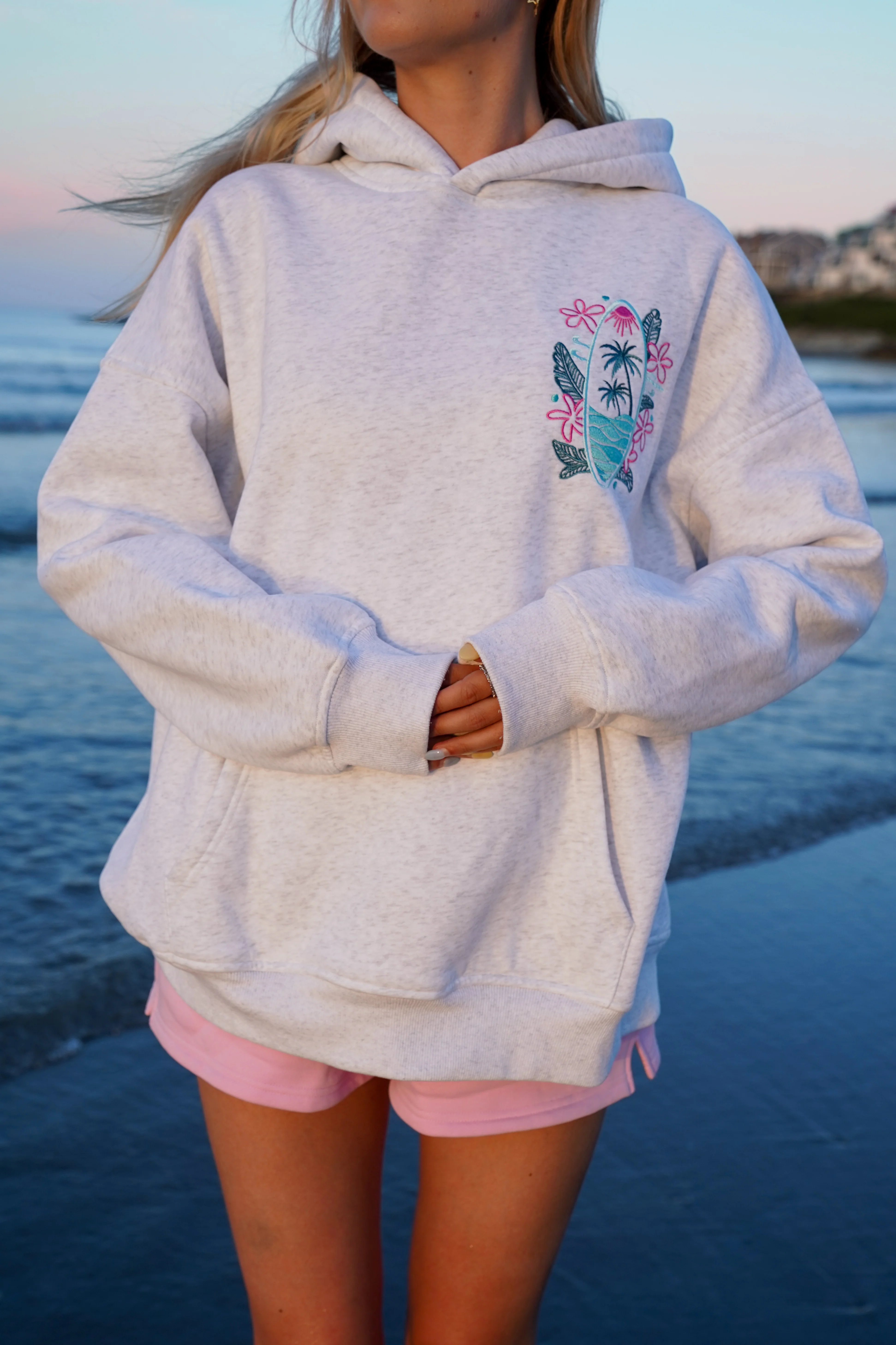 Pearl Grey Surfing The Waves Embroider Hoodie - Image 17