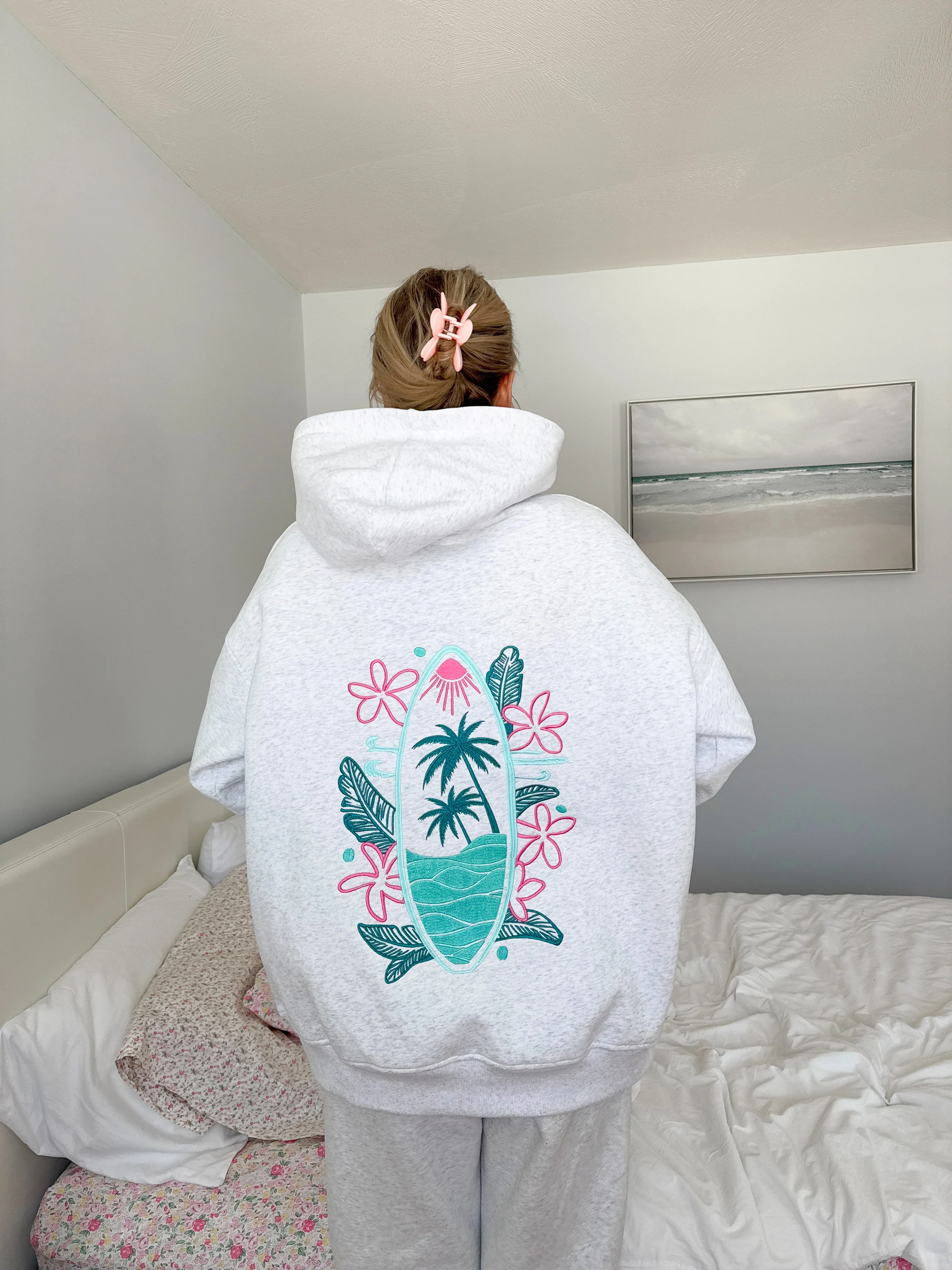 Pearl Grey Surfing The Waves Embroider Hoodie - Image 4