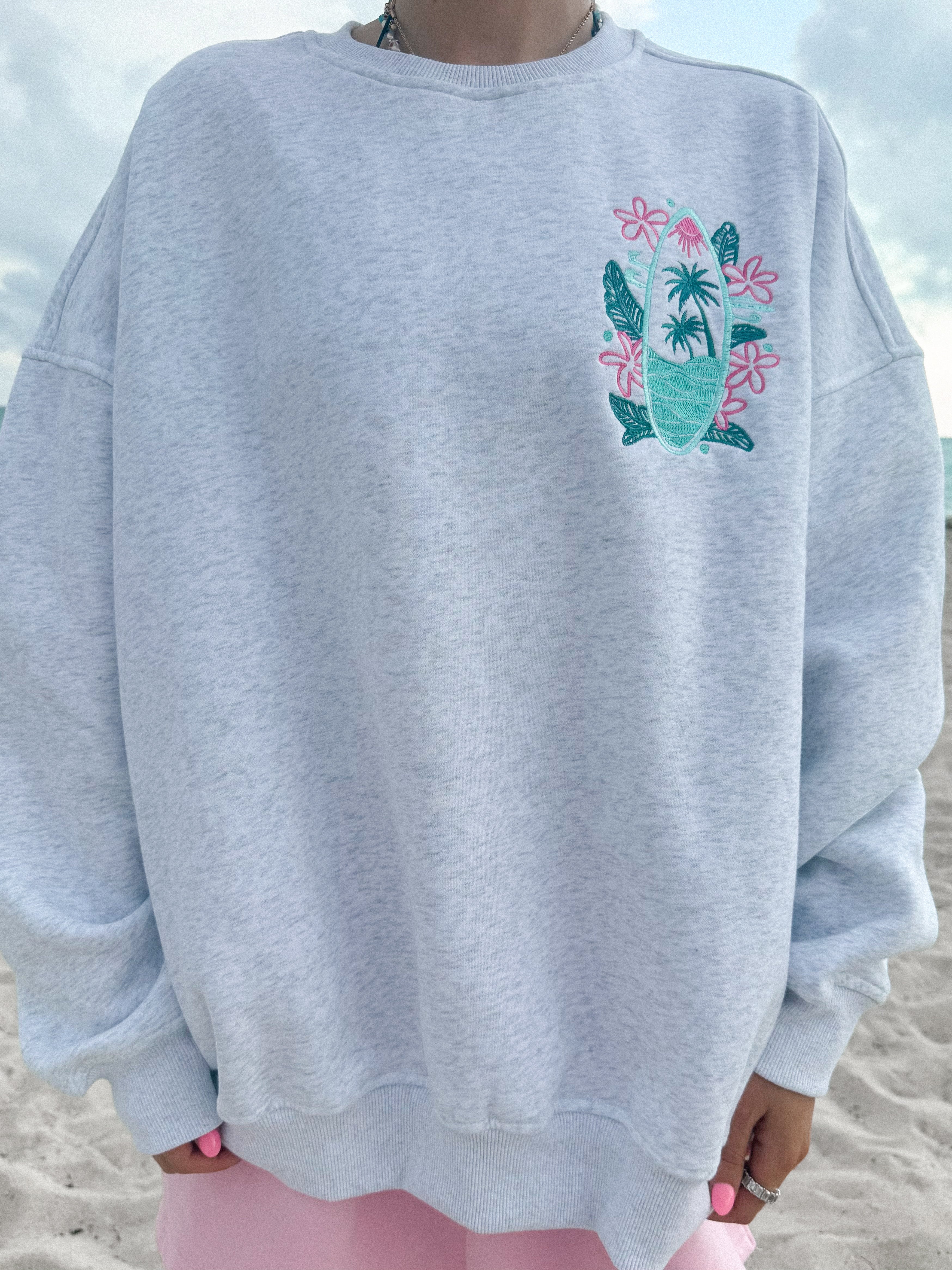Pearl Grey Surfing The Waves Embroider Sweatshirt - Image 4