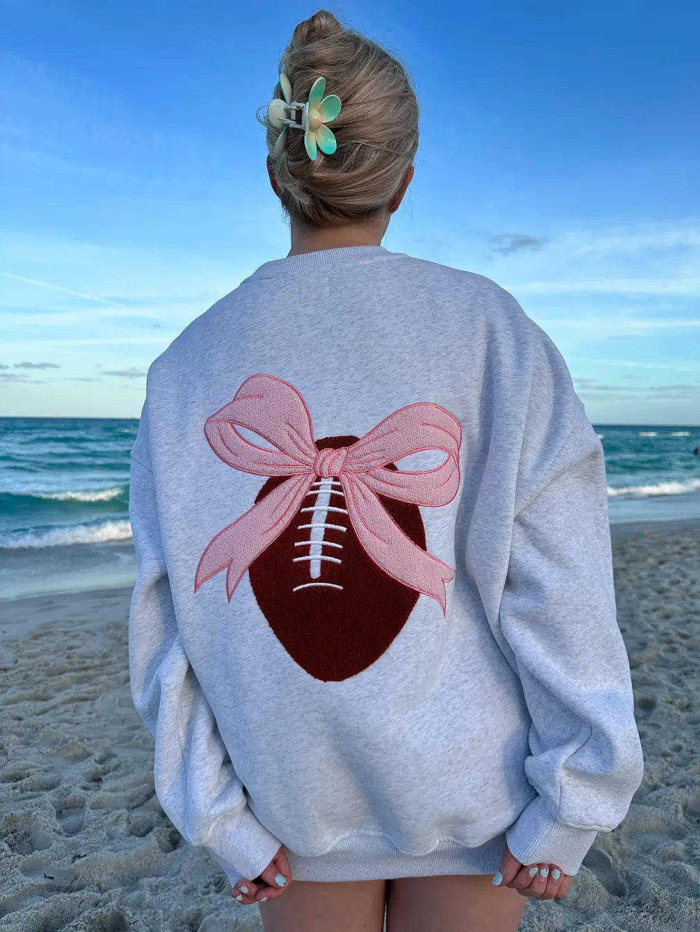 Pearl Grey Pink Bow Football Game Day Embroider Sweatshirt - Image 3