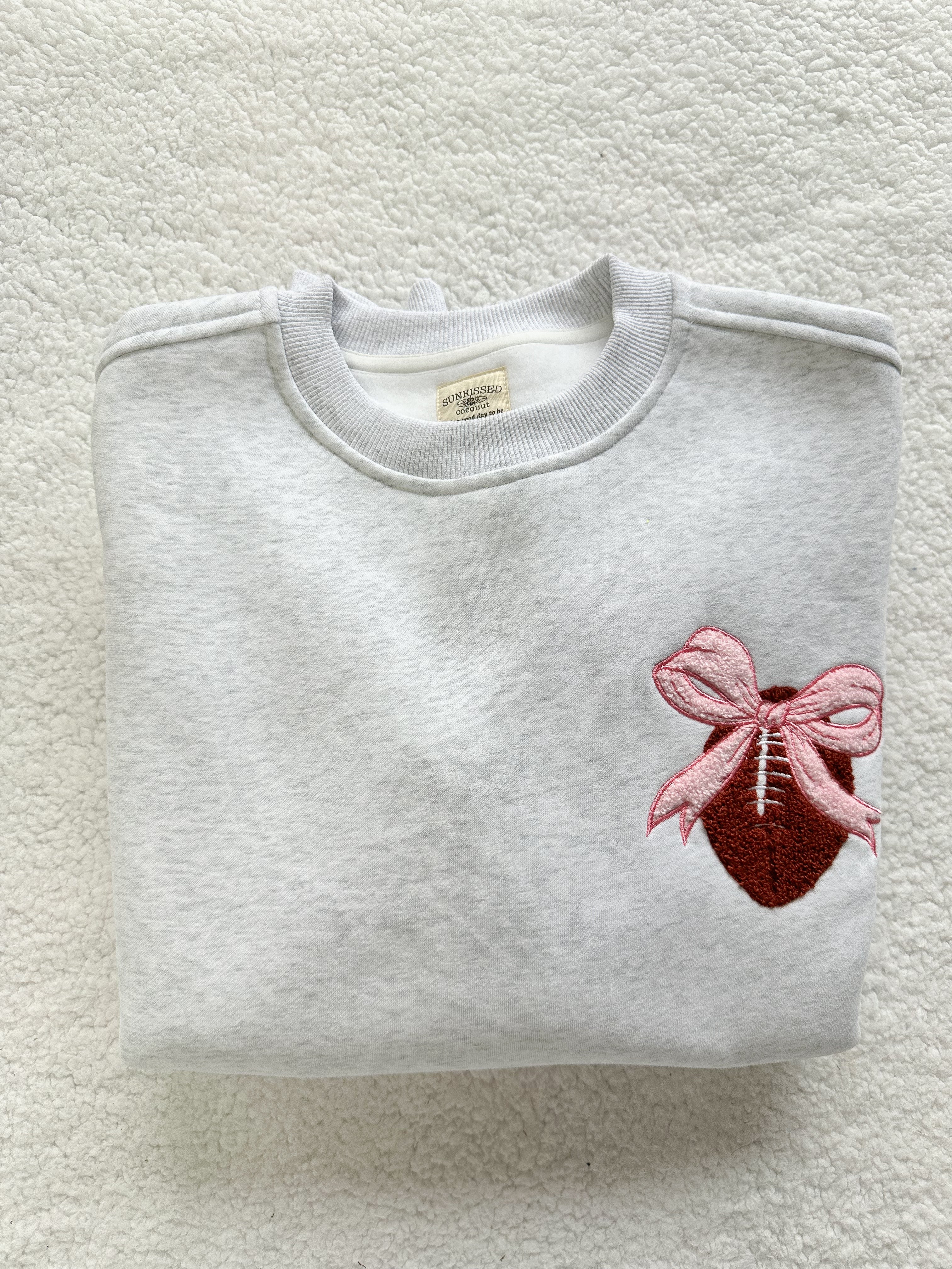 Pearl Grey Pink Bow Football Game Day Embroider Sweatshirt - Image 4
