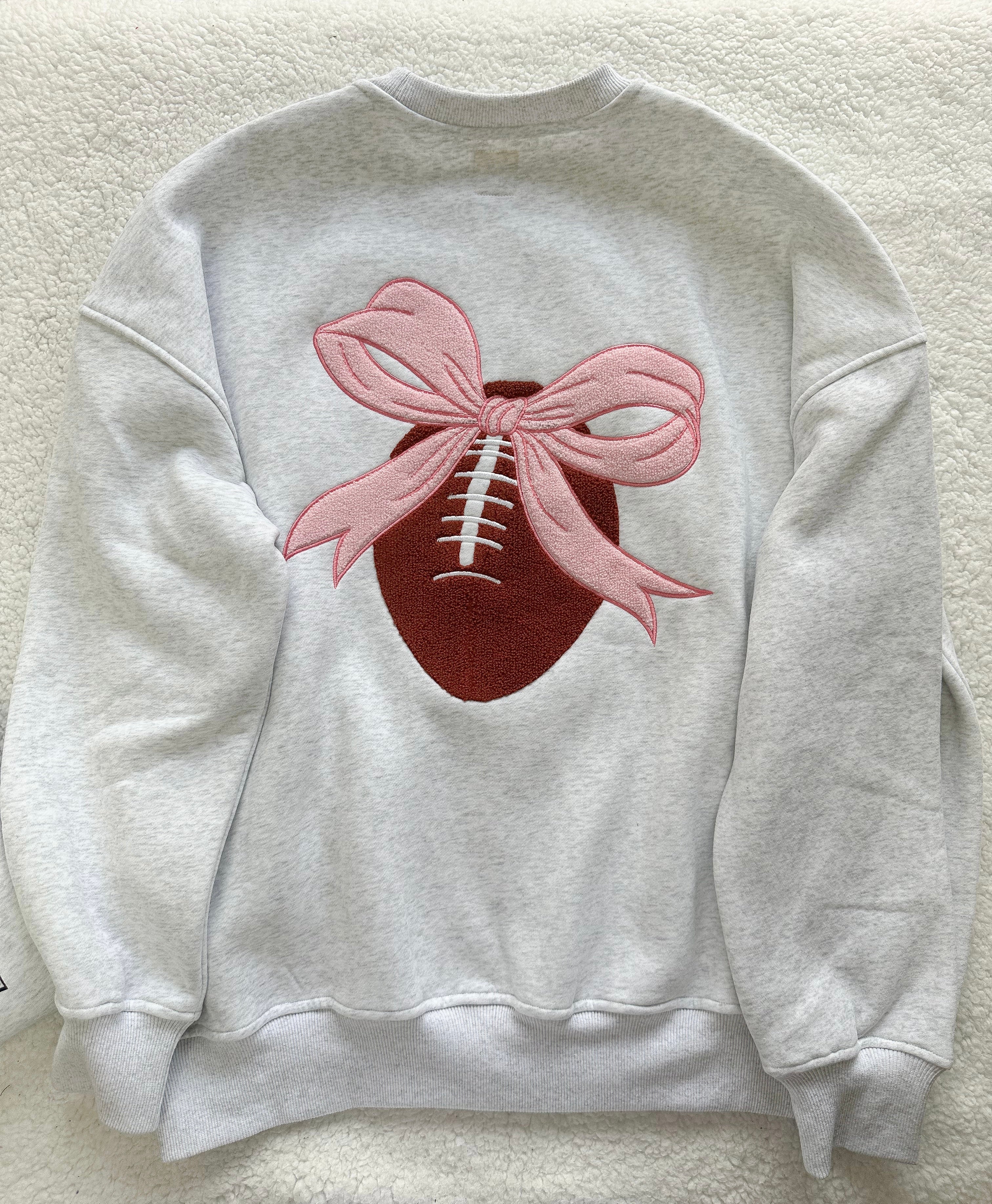 Pearl Grey Pink Bow Football Game Day Embroider Sweatshirt - Image 5