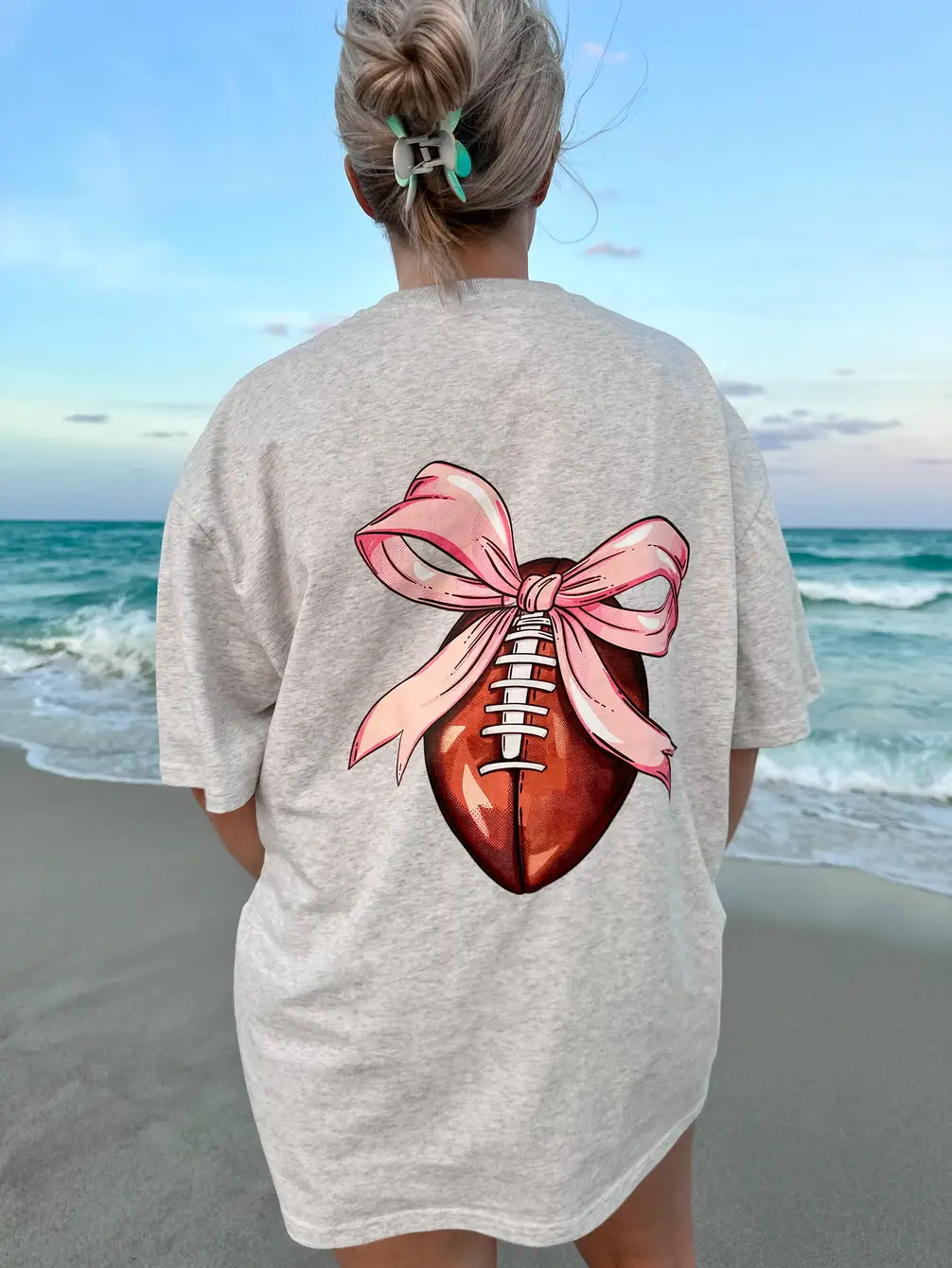 Game Day Coquette Bow Football Embroider Tee - Image 3