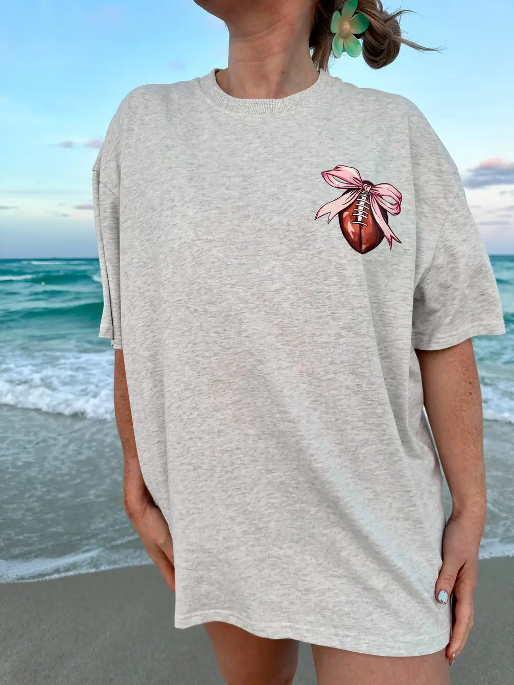 Game Day Coquette Bow Football Embroider Tee - Image 4