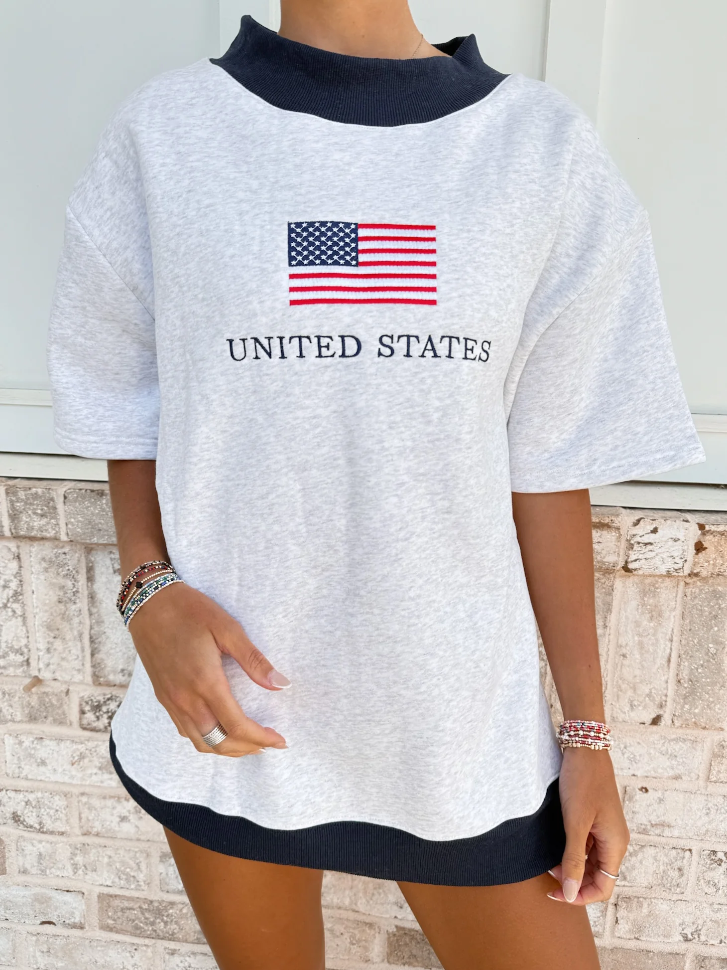 United States Flag Embroider Mockneck Short Sleeve Sweatshirt - Image 2