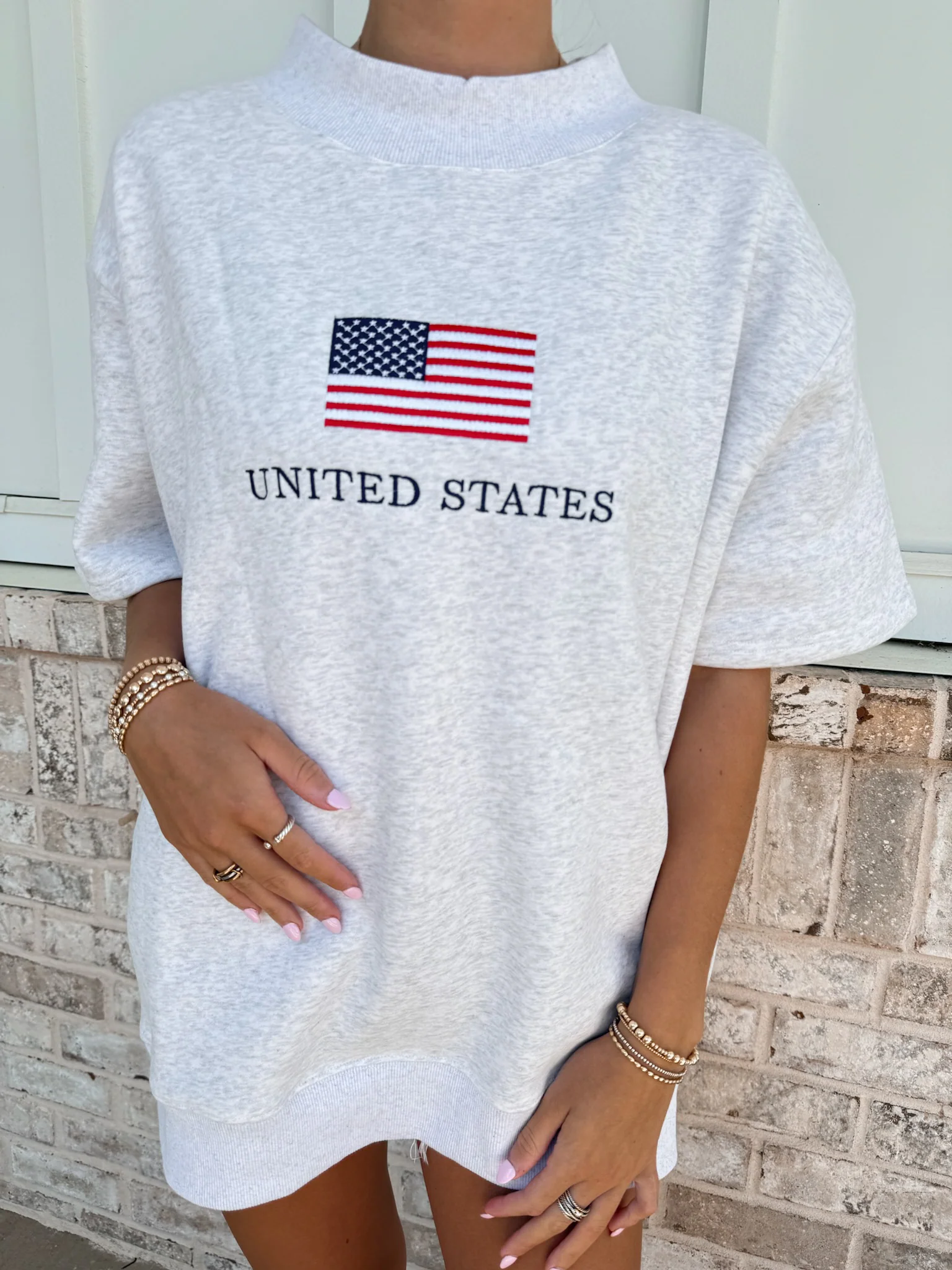 United States Flag Embroider Mockneck Short Sleeve Sweatshirt - Image 4